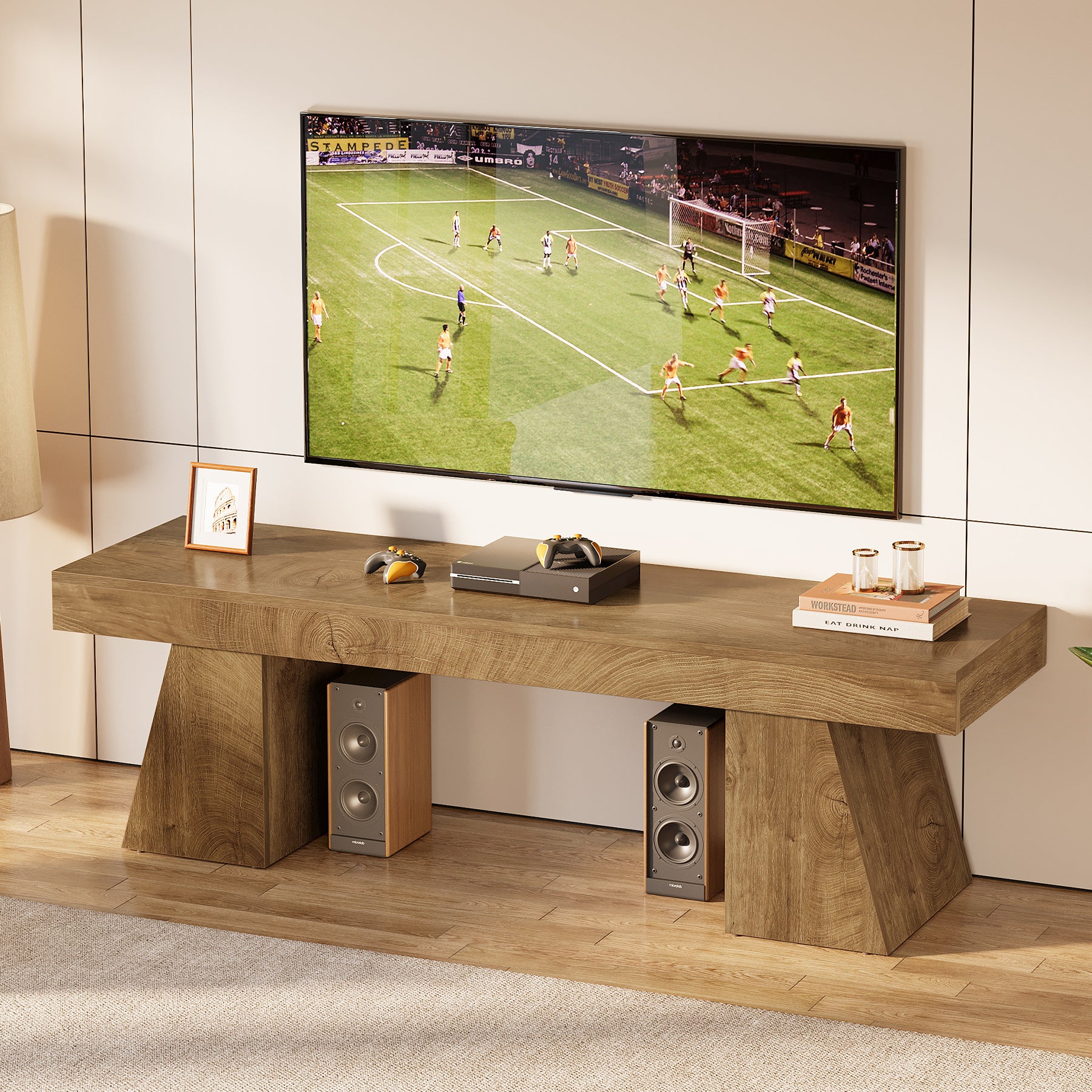 63" TV Stand, Farmhouse Entertainment Center with Geometric Pedestal for 55-75-Inch TVs