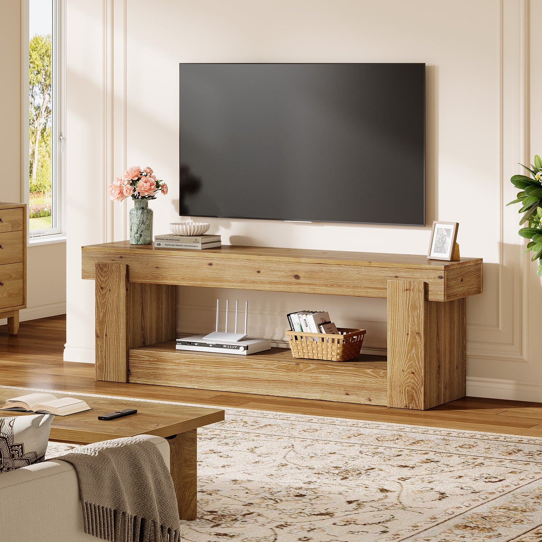63" TV Stand, Solid Wood Entertainment Center for TVs up to 75 Inches