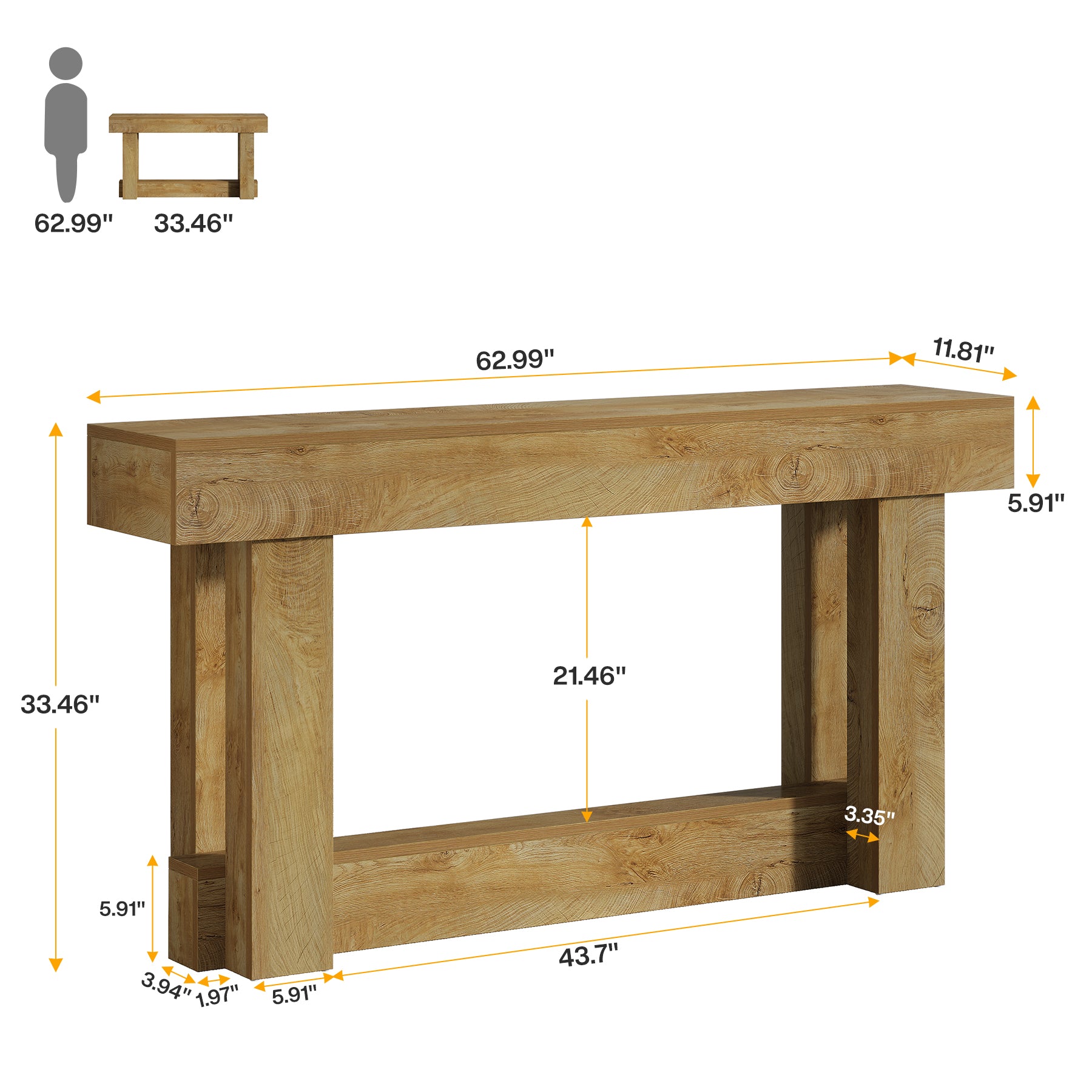 63" Wood Console Table, 2-Tier Farmhouse Entryway Table