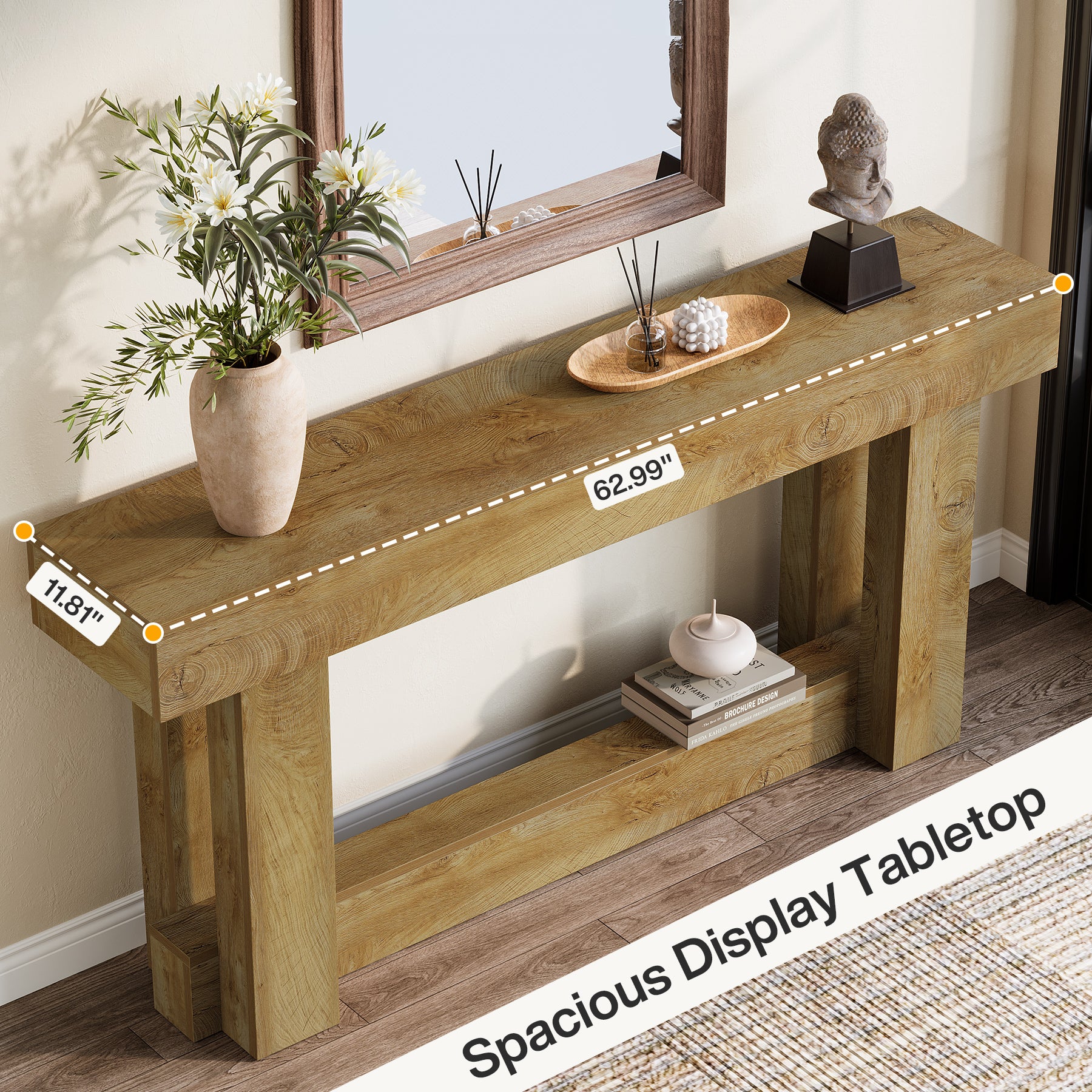 63" Wood Console Table, 2-Tier Farmhouse Entryway Table