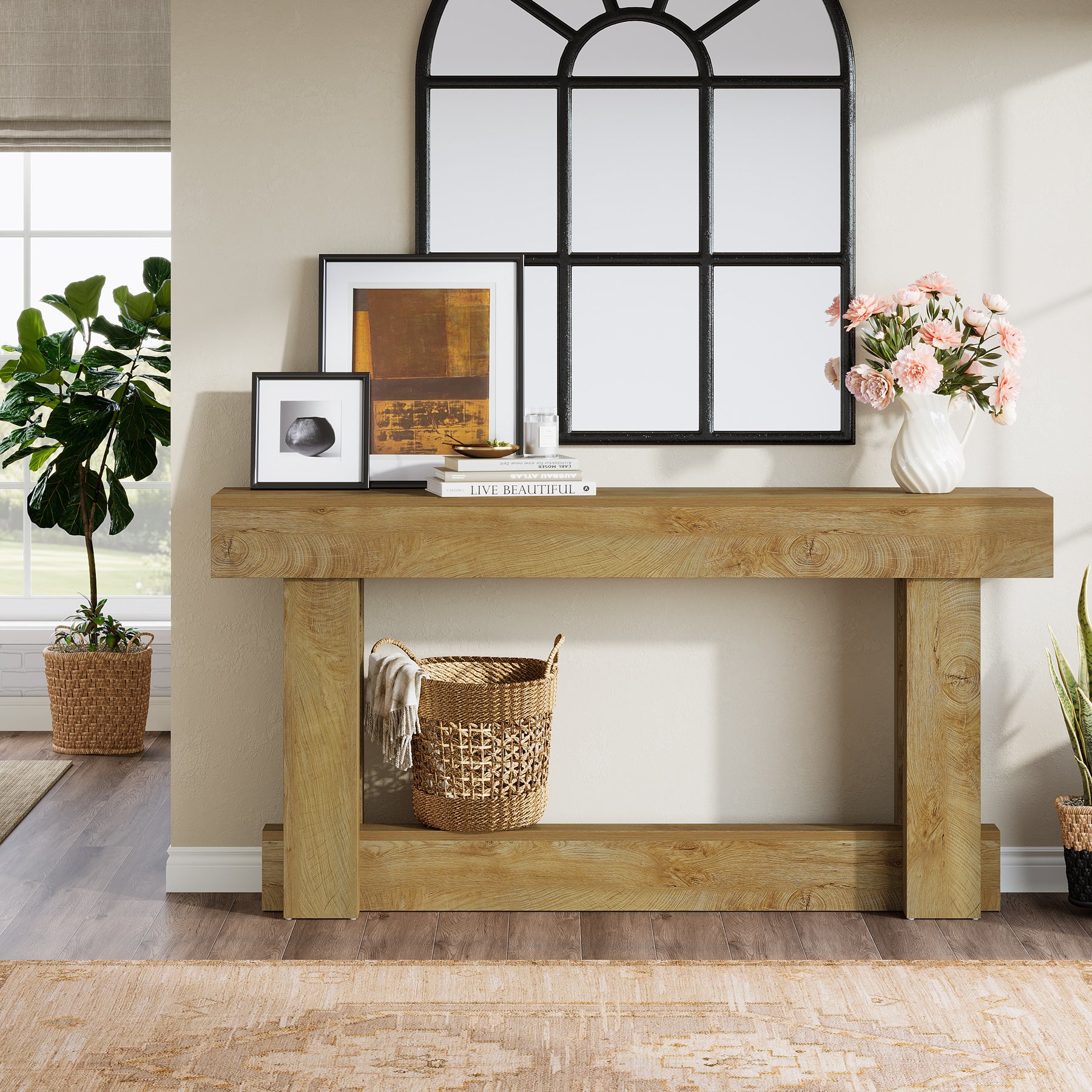 63" Wood Console Table, 2-Tier Farmhouse Entryway Table