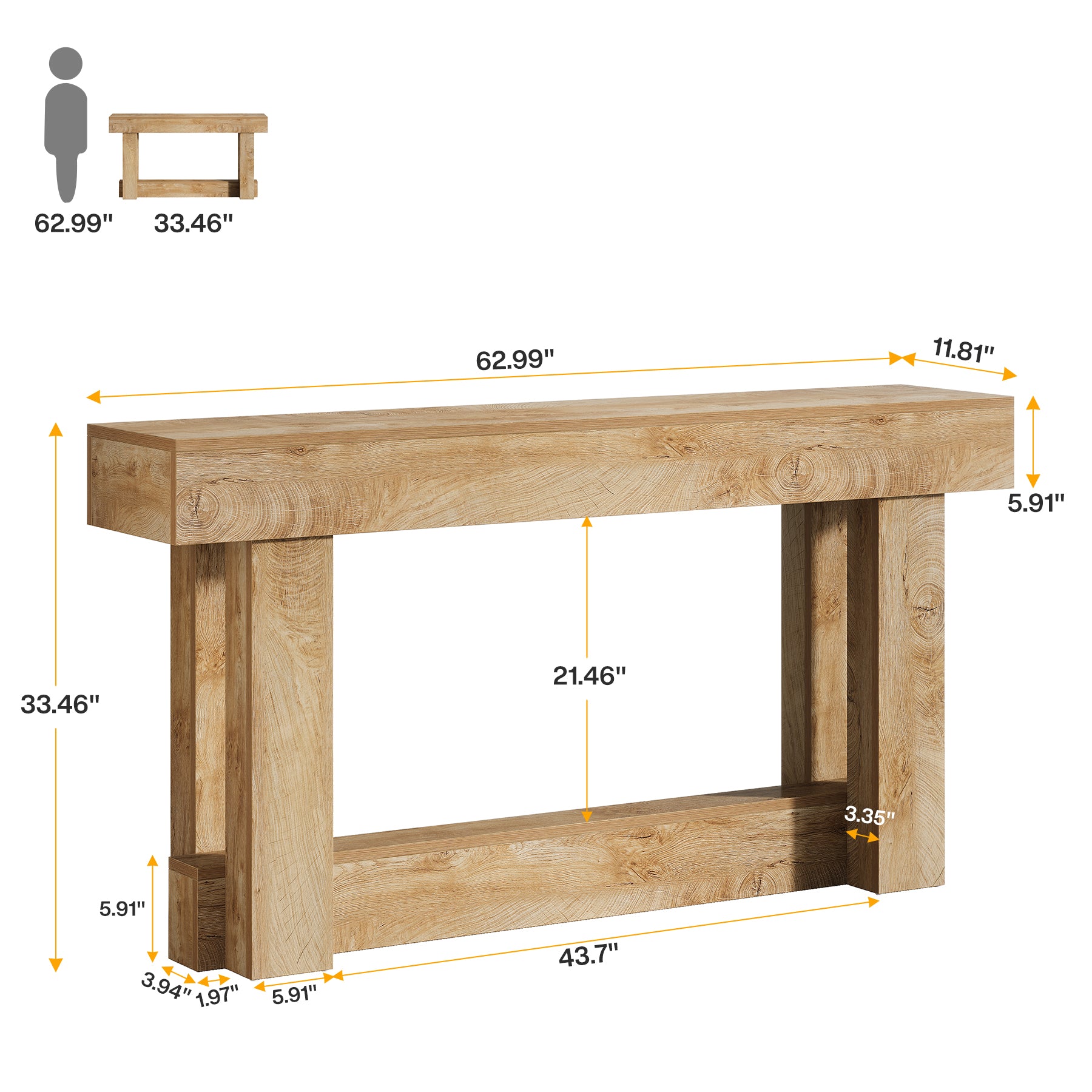 63" Wood Console Table, 2-Tier Farmhouse Entryway Table
