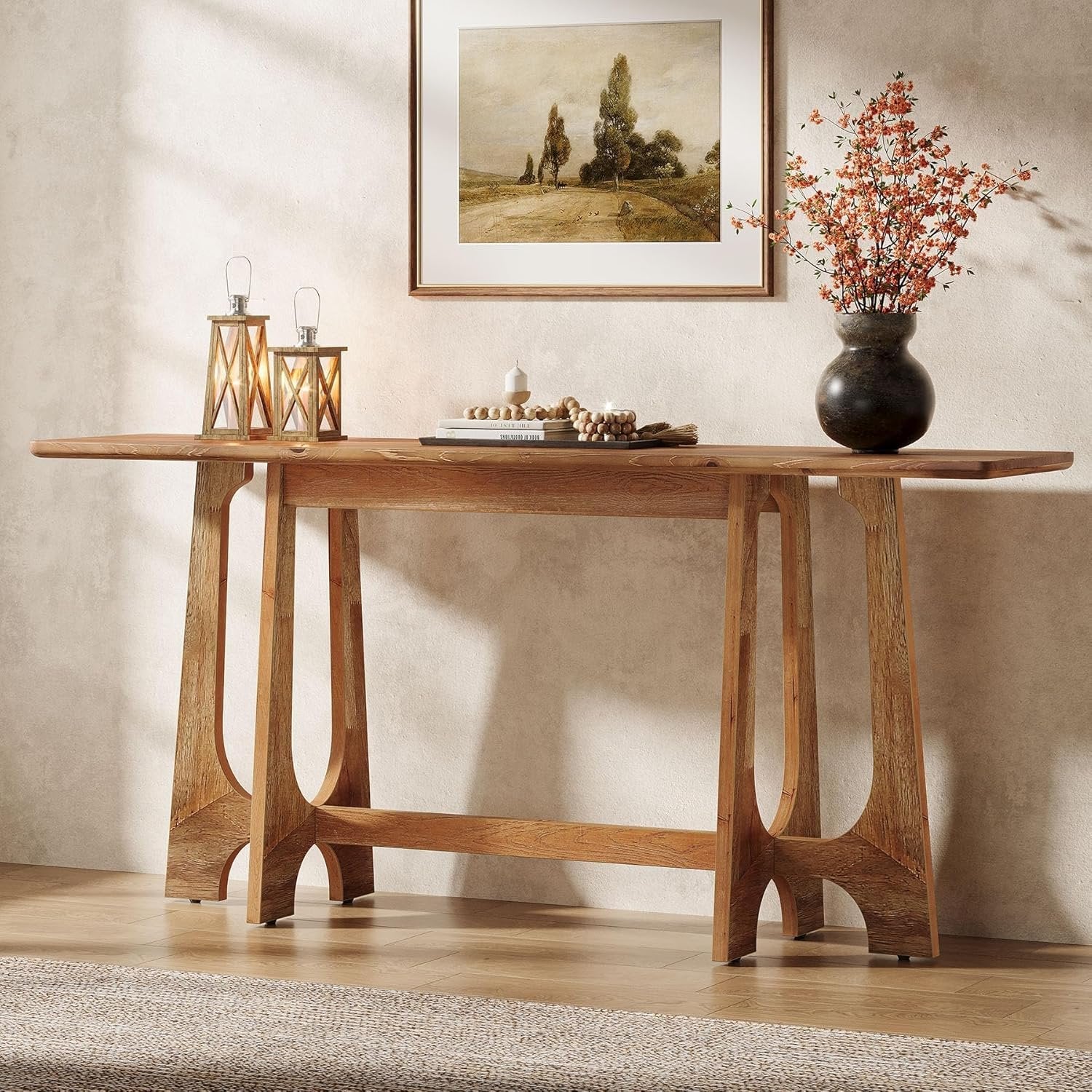 63" Wood Console Table, Farmhouse Sofa Table Behind Couch with Geometric Base