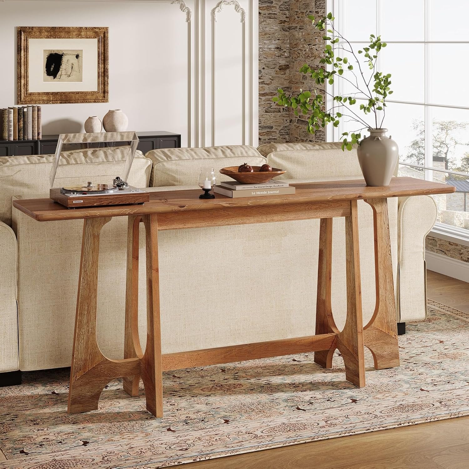 63" Wood Console Table, Farmhouse Sofa Table Behind Couch with Geometric Base