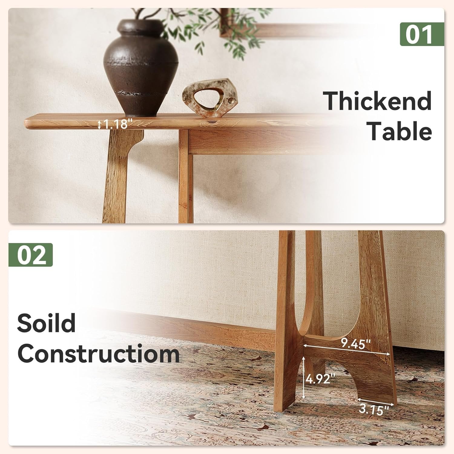 63" Wood Console Table, Farmhouse Sofa Table Behind Couch with Geometric Base