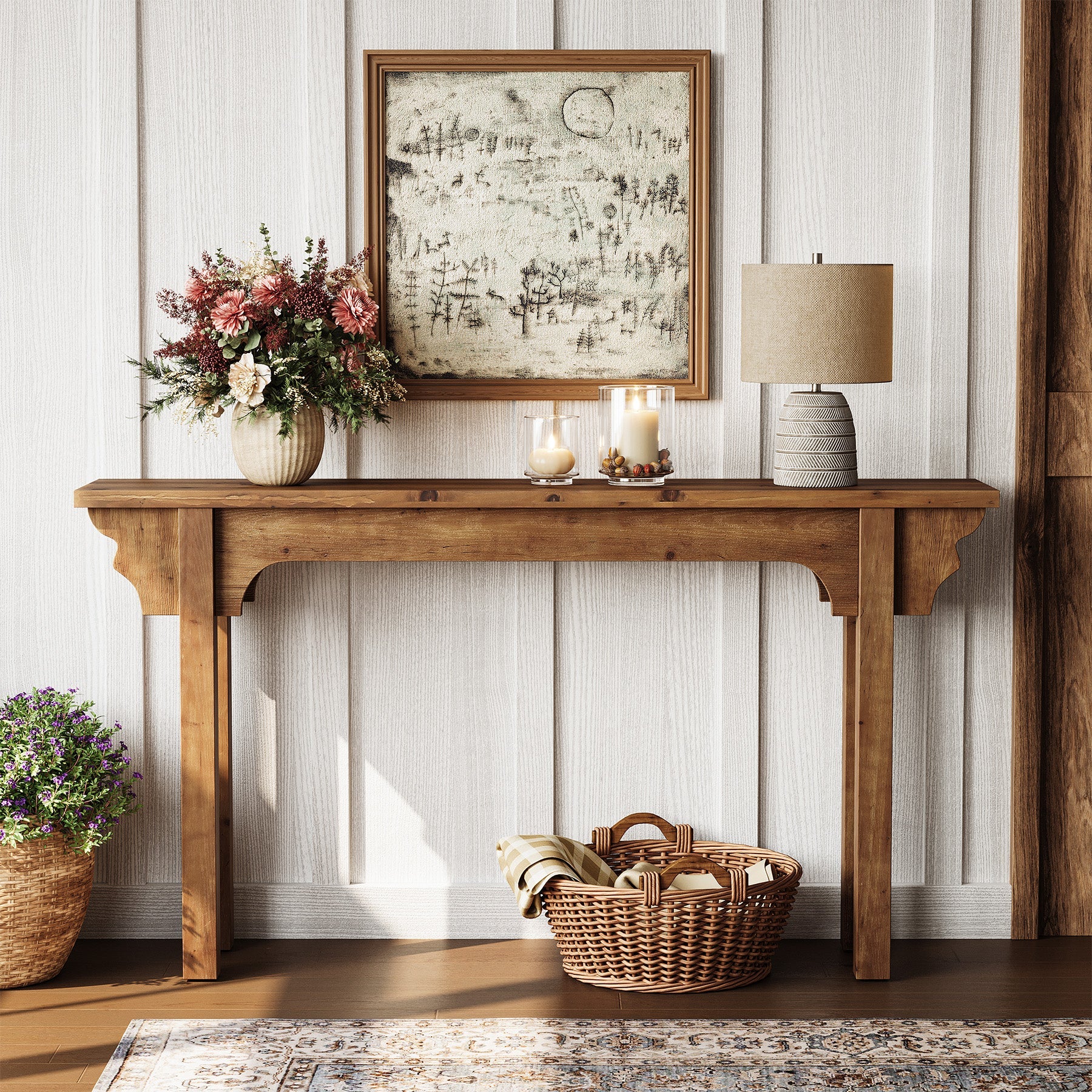 63" Wood Console Table, Mid-Century Entryway Table Sofa Table for Hallway