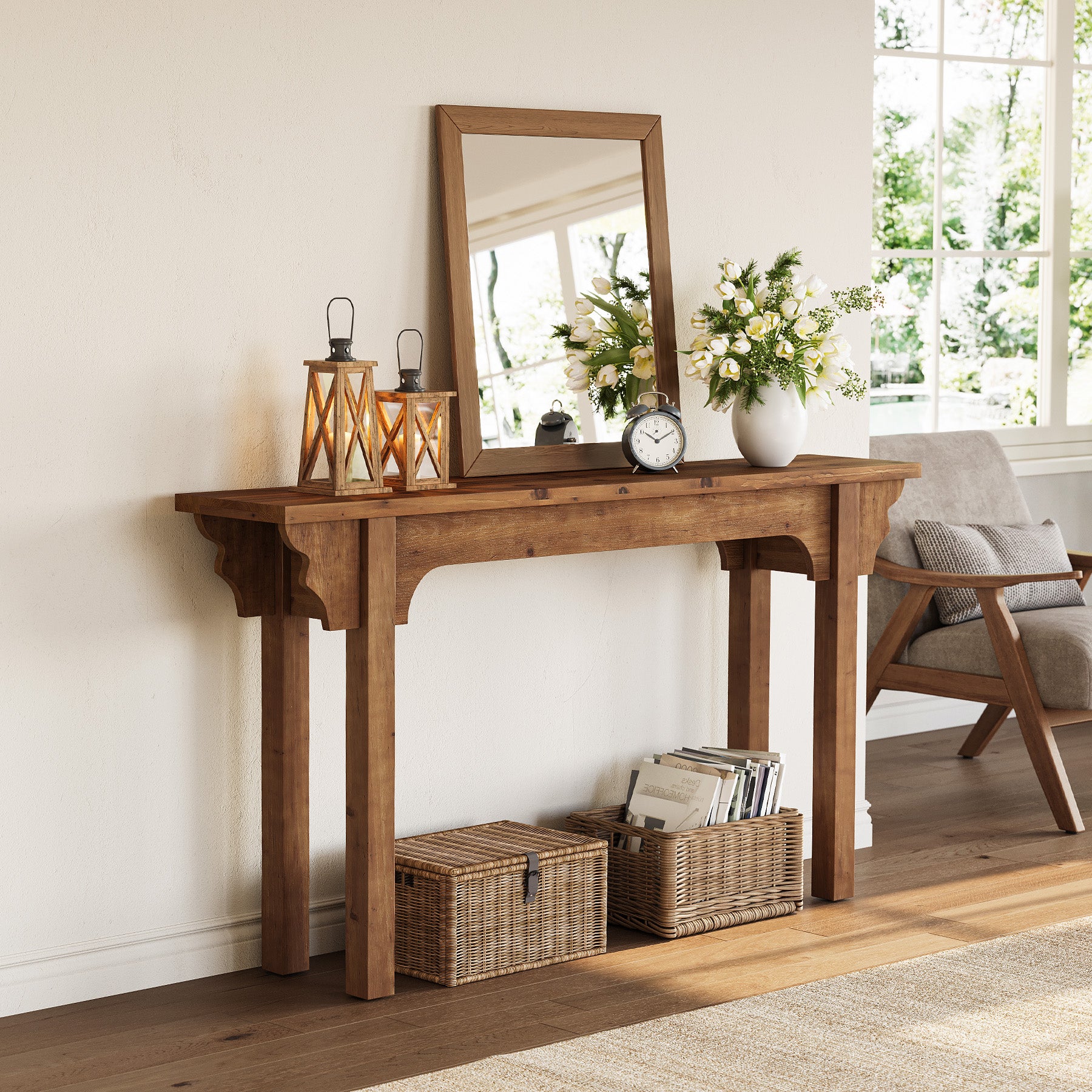 63" Wood Console Table, Mid-Century Entryway Table Sofa Table for Hallway