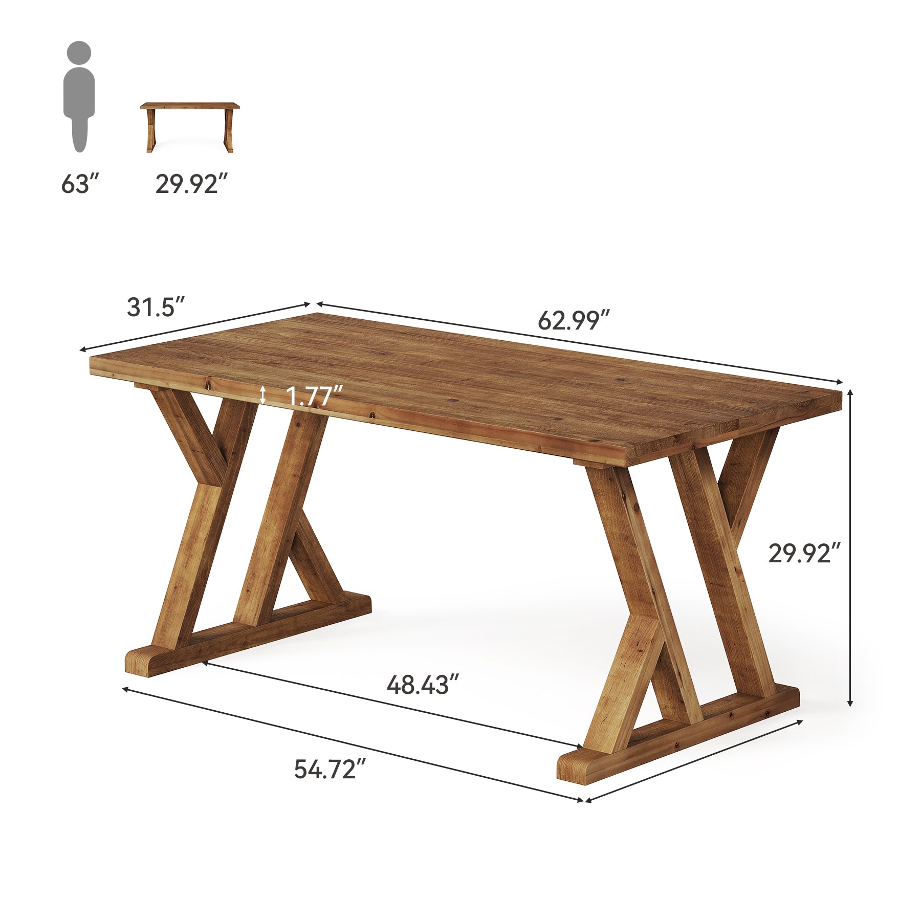 63" Wood Dining Table, Farmhouse Kitchen Dinner Table for 4-6 People