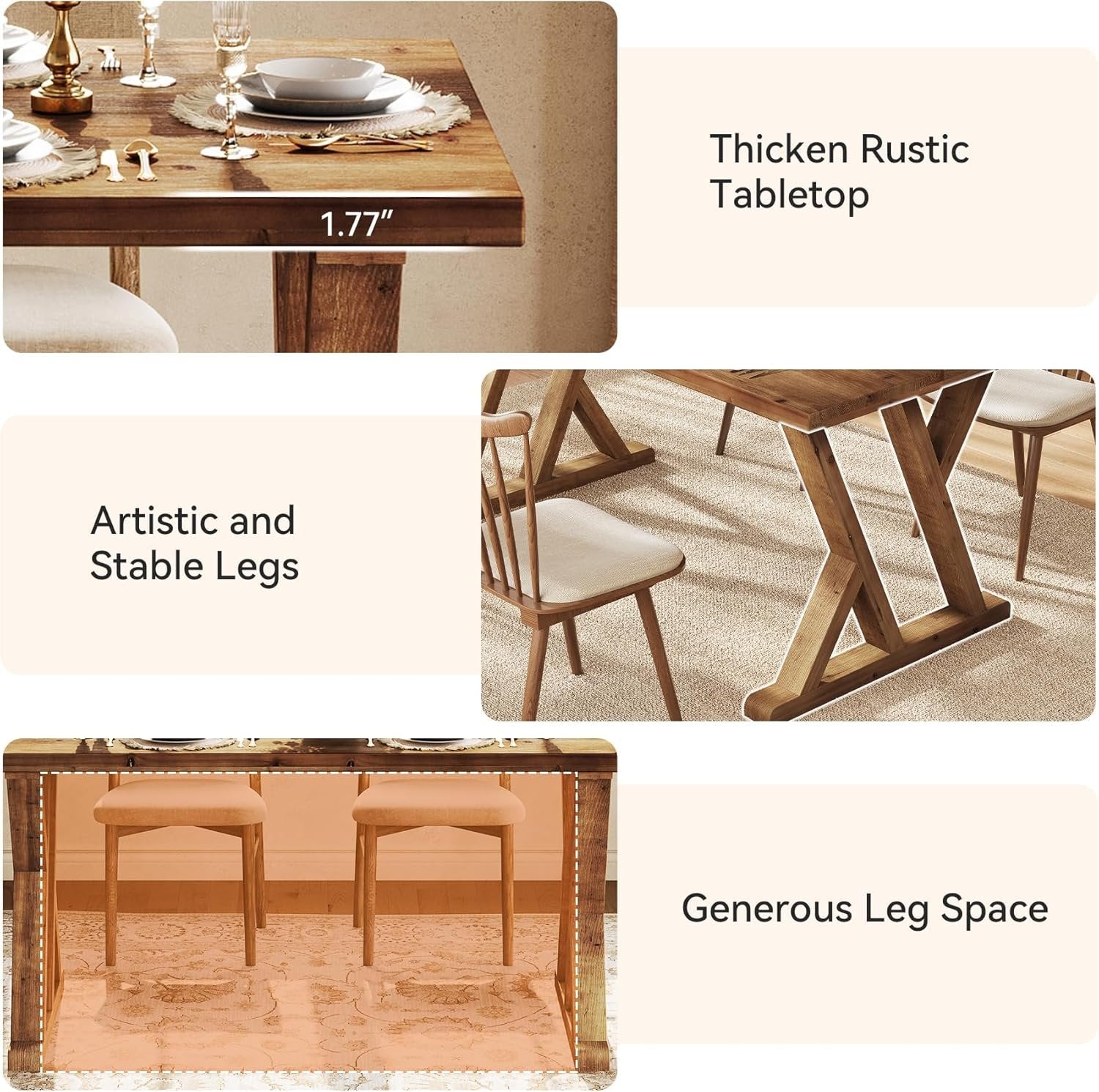 63" Wood Dining Table, Farmhouse Kitchen Dinner Table for 4-6 People