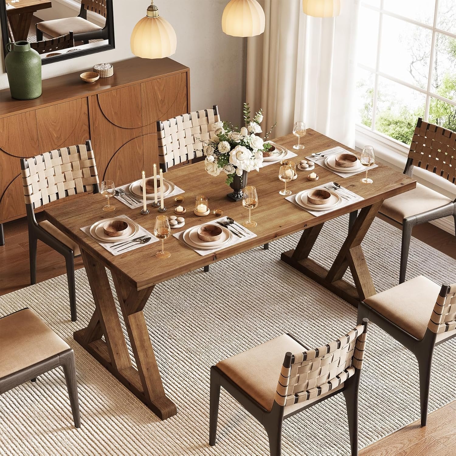 63" Wood Dining Table, Farmhouse Kitchen Dinner Table for 4-6 People