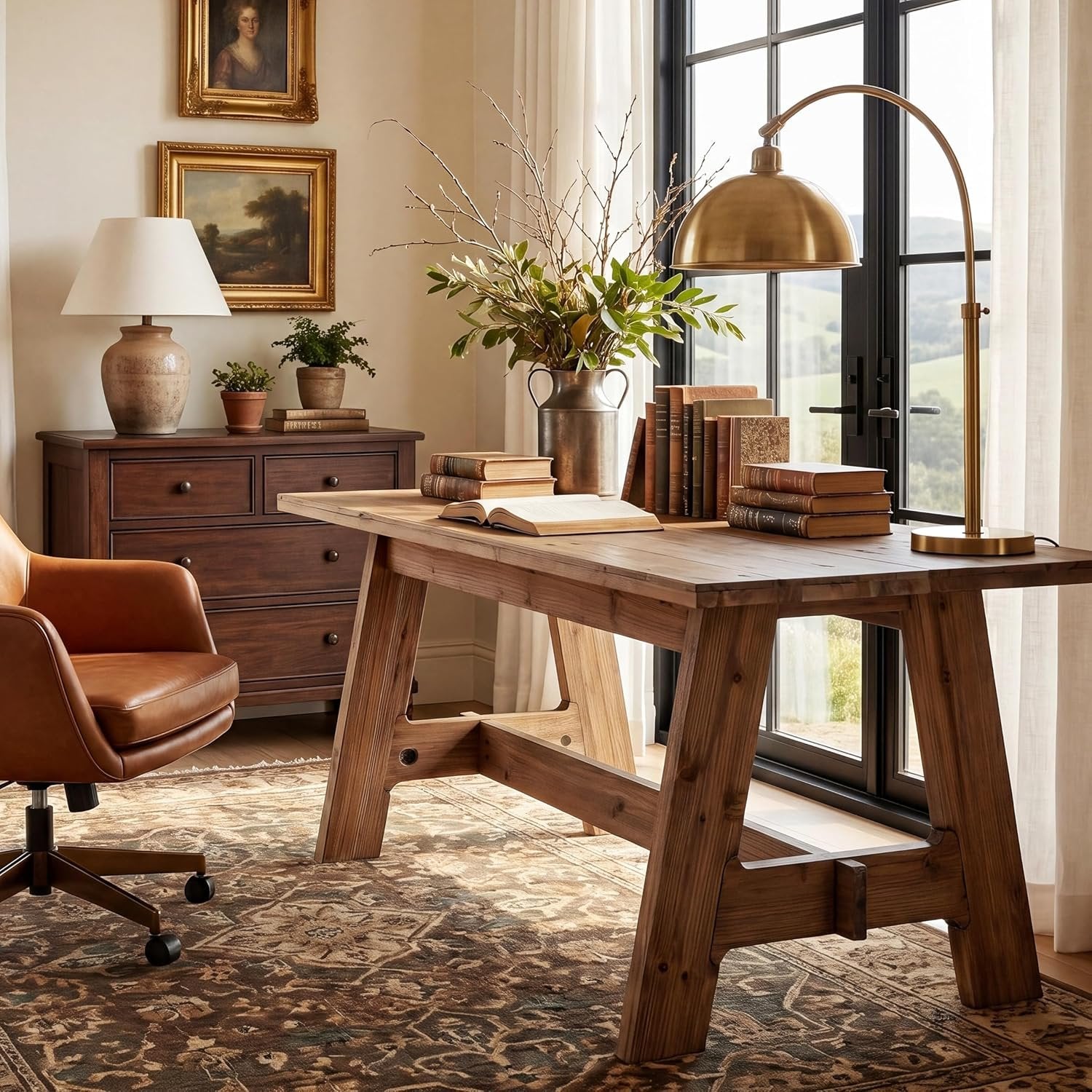 63" Wood Executive Office Desk, Large Rustic Computer Writing Desk for Home Office, Living Room