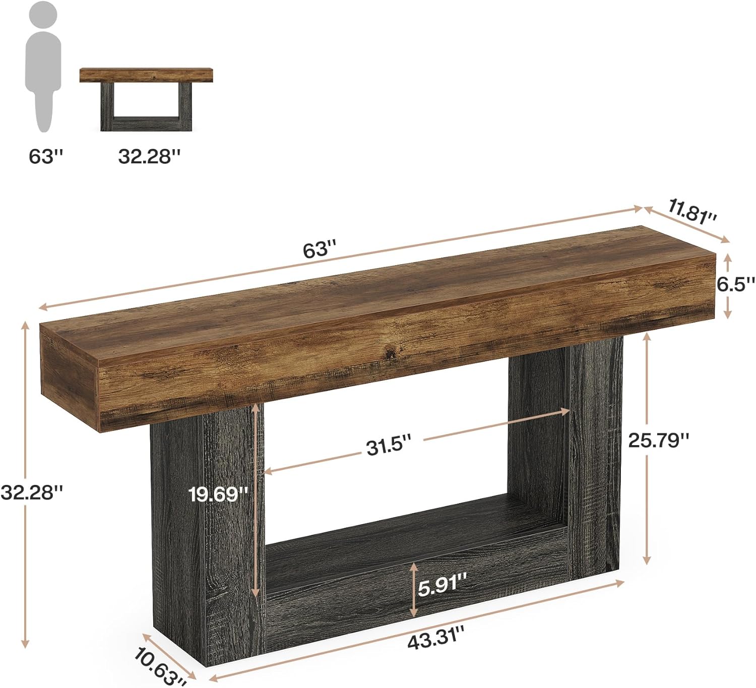 63" Wooden Console Table, Farmhouse 2 - Tier Sofa Table Entryway Table Tribesigns
