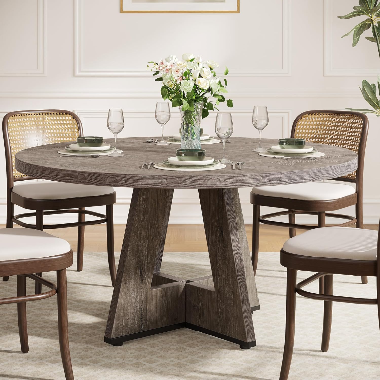 47-Inch Round Farmhouse Dining Table for 4–6 with Cross-Style Pedestal Base