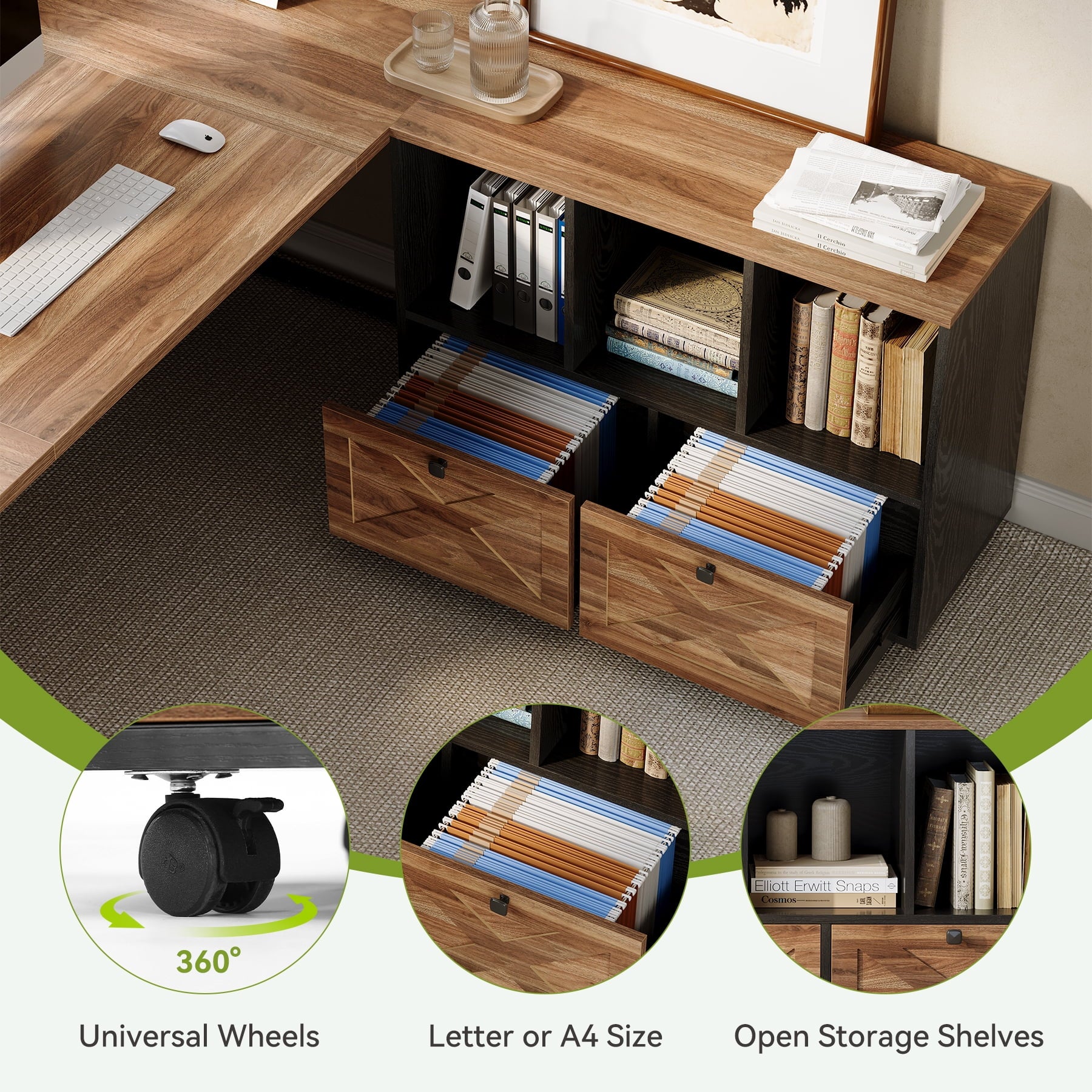 L-Shaped Office Desk, 63" Executive Computer Desk with File Cabinet