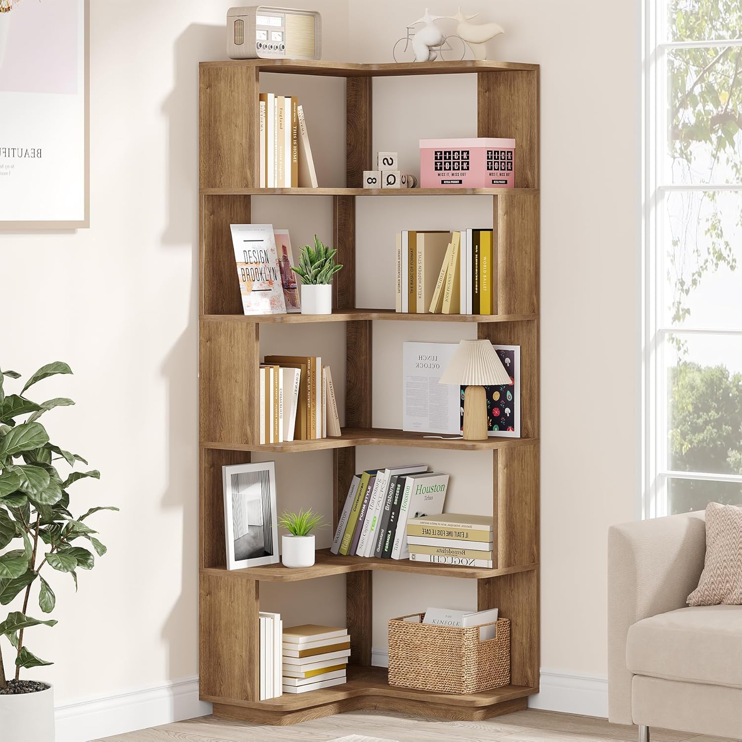 65" Tall L - Shaped Bookshelf, 6 - Tier Corner Bookcase Display Rack with Anti - Drop Panel Tribesigns