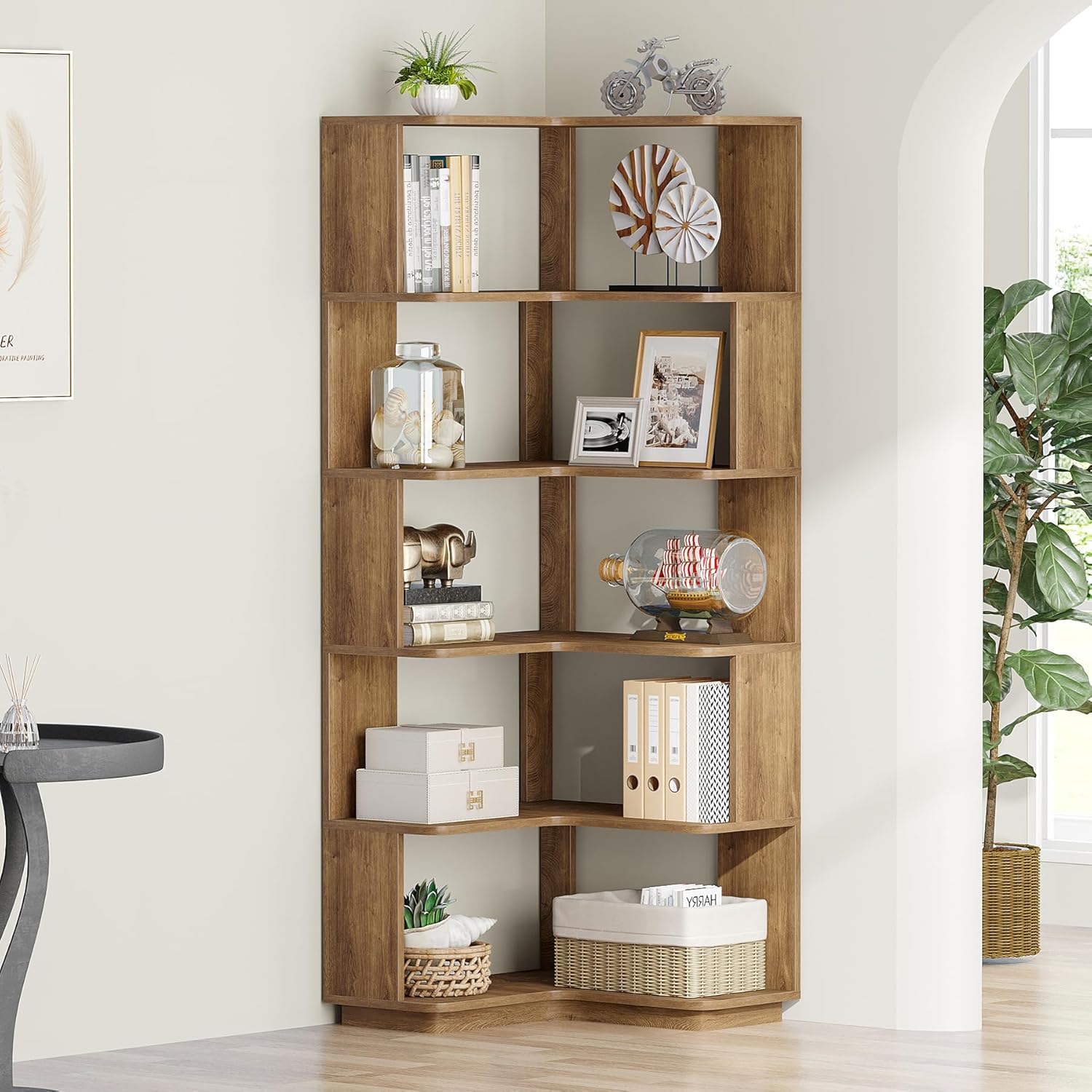 65" Tall L - Shaped Bookshelf, 6 - Tier Corner Bookcase Display Rack with Anti - Drop Panel Tribesigns