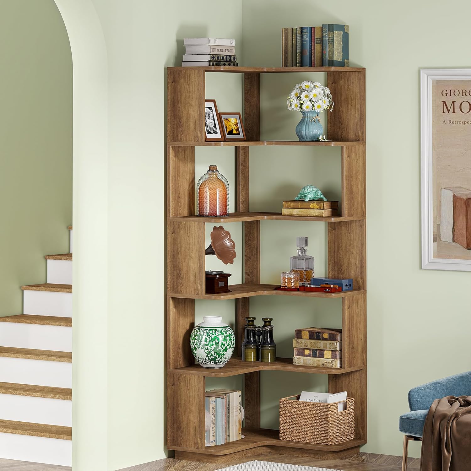 65" Tall L - Shaped Bookshelf, 6 - Tier Corner Bookcase Display Rack with Anti - Drop Panel Tribesigns