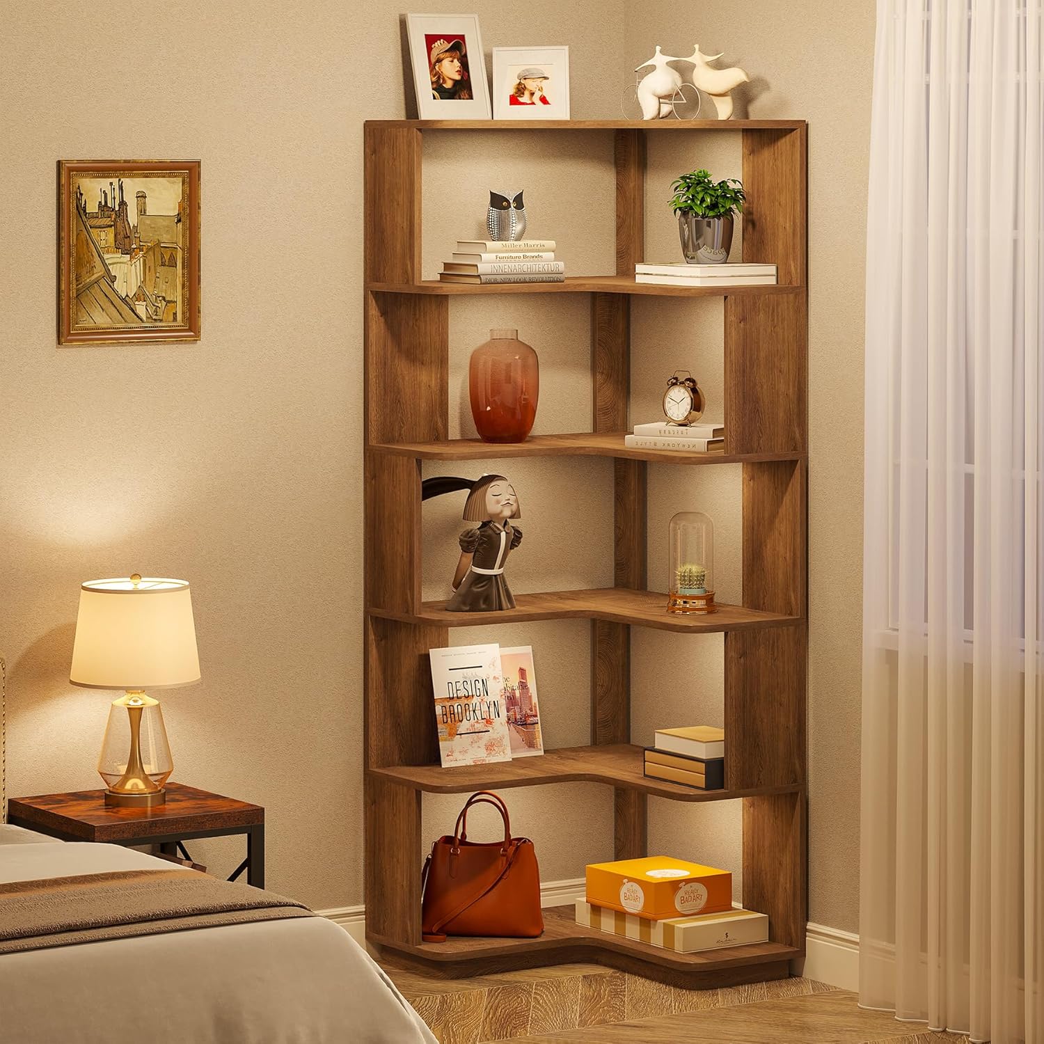 65" Tall L - Shaped Bookshelf, 6 - Tier Corner Bookcase Display Rack with Anti - Drop Panel Tribesigns