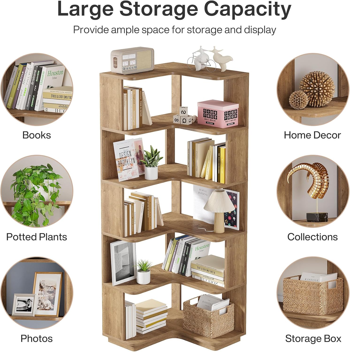 65" Tall L - Shaped Bookshelf, 6 - Tier Corner Bookcase Display Rack with Anti - Drop Panel Tribesigns