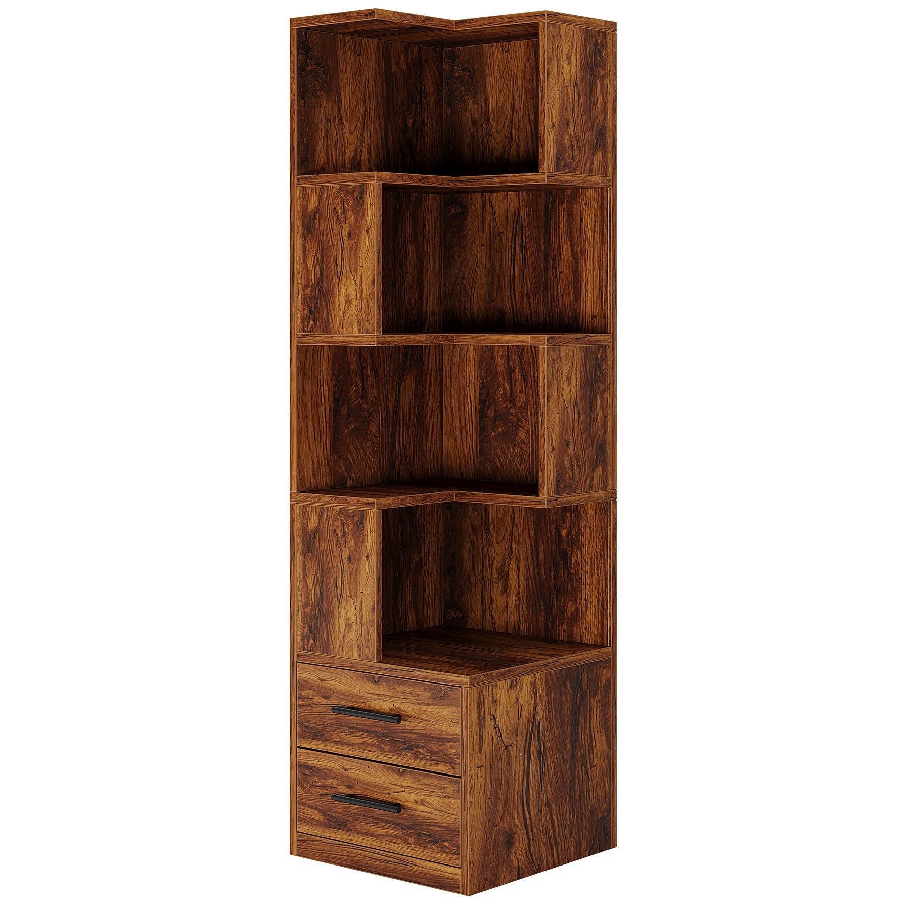 66.9" L - Shaped Bookshelf, Corner Bookcase With 5 - Tier Shelf And 2 Drawers Tribesigns