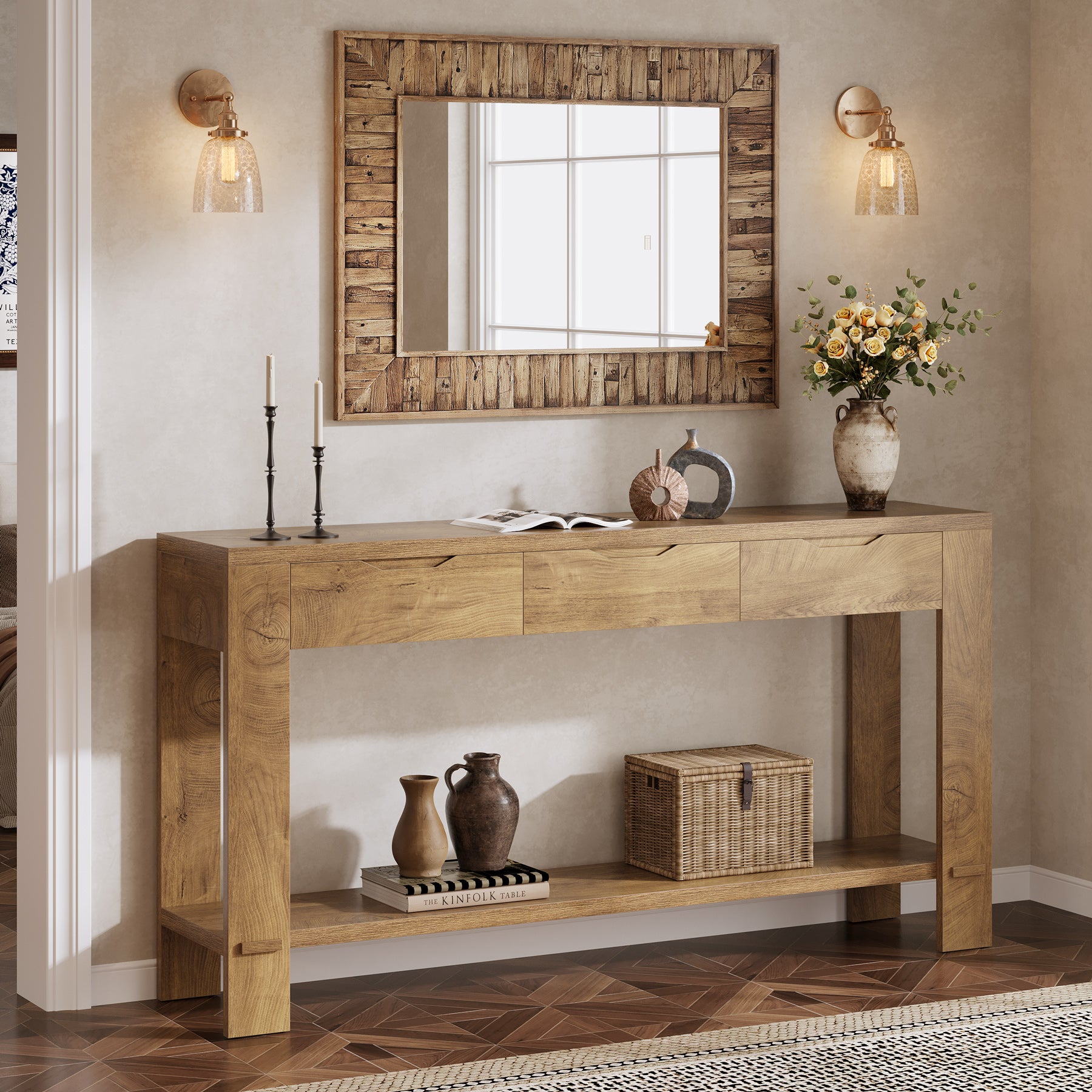 67“ Console Table, Narrow Farmhouse Entryway Table with 3 Storage Drawers
