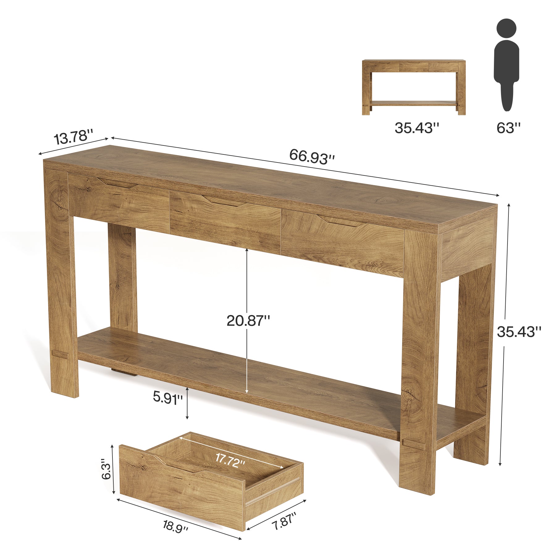 67“ Console Table, Narrow Farmhouse Entryway Table with 3 Storage Drawers