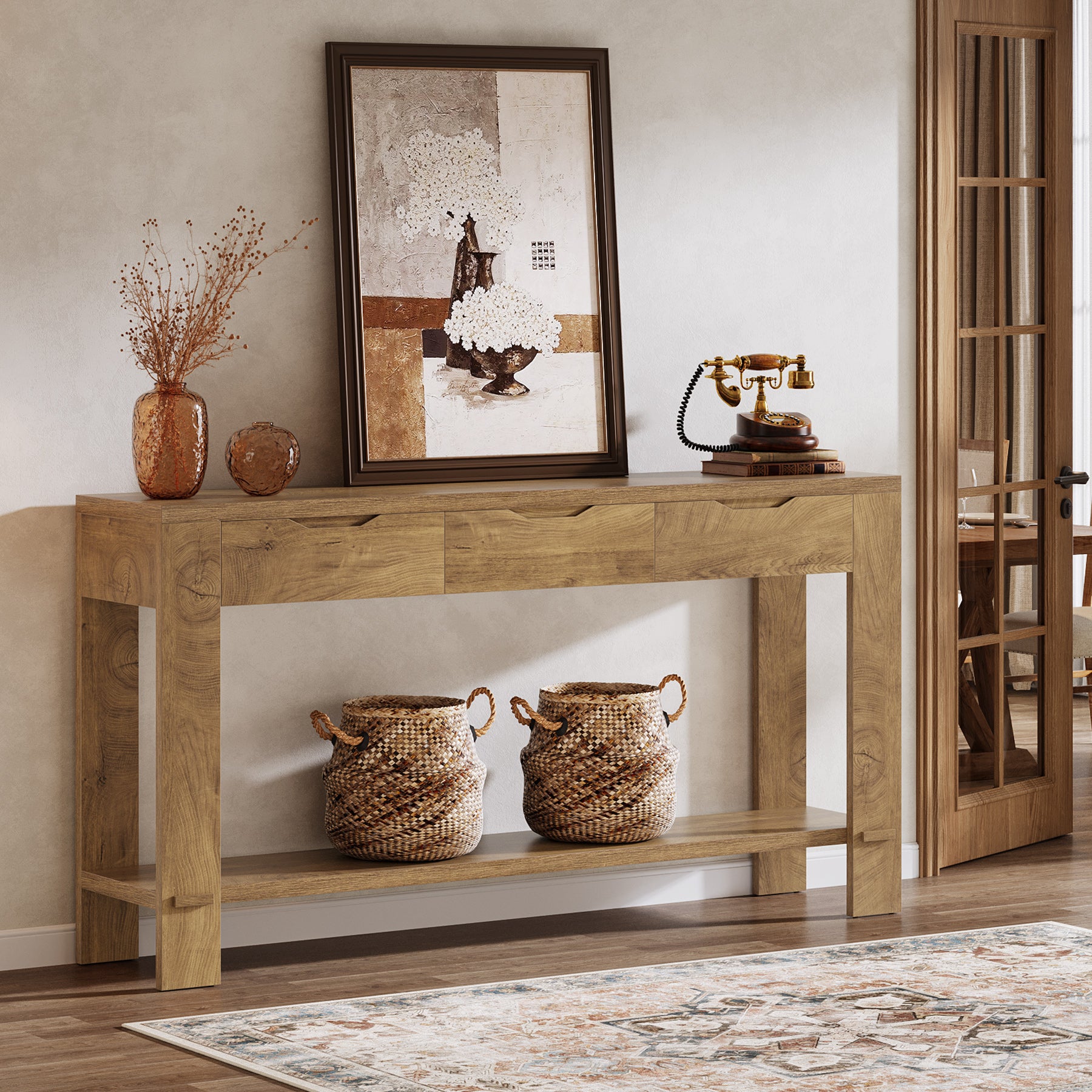 67“ Console Table, Narrow Farmhouse Entryway Table with 3 Storage Drawers