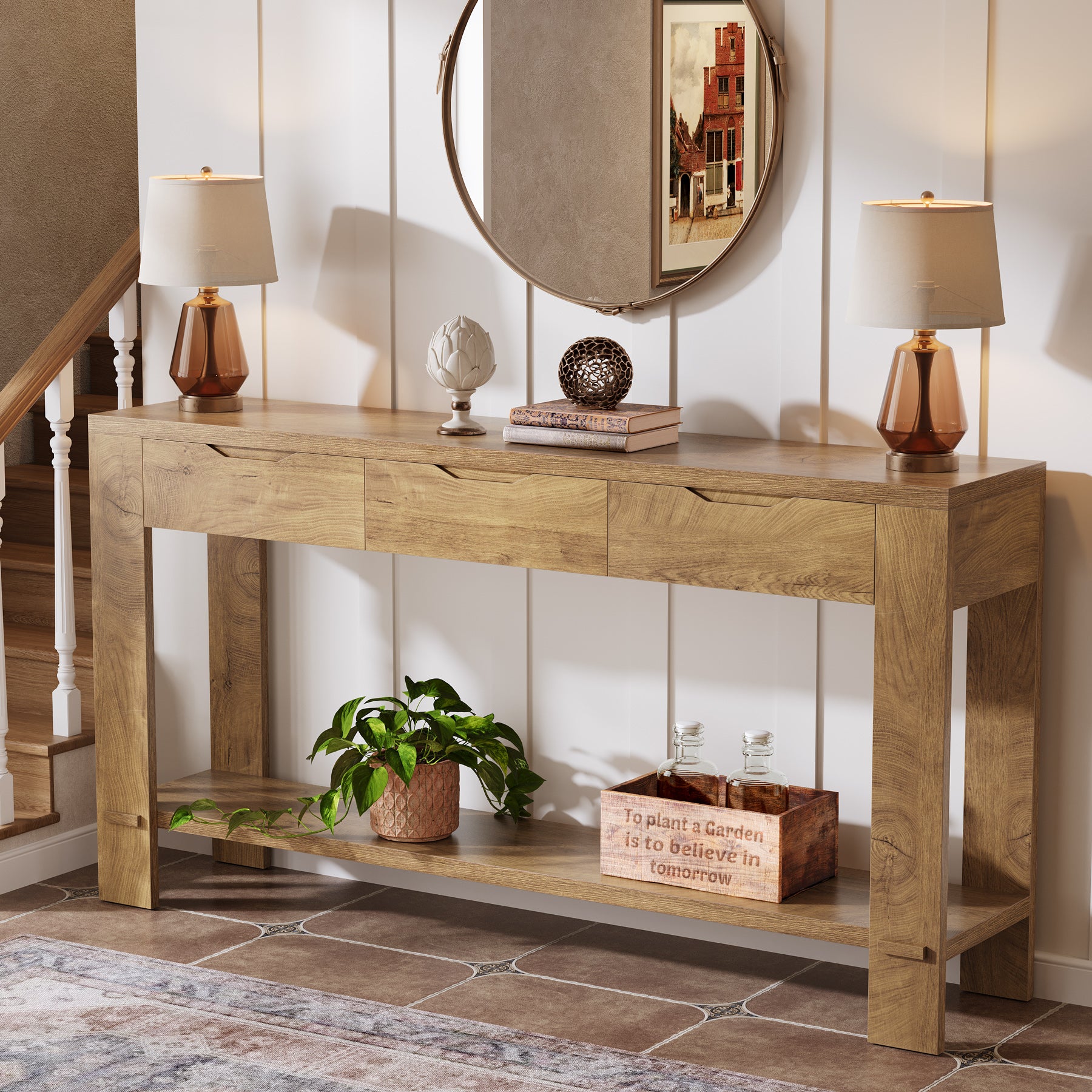 67“ Console Table, Narrow Farmhouse Entryway Table with 3 Storage Drawers