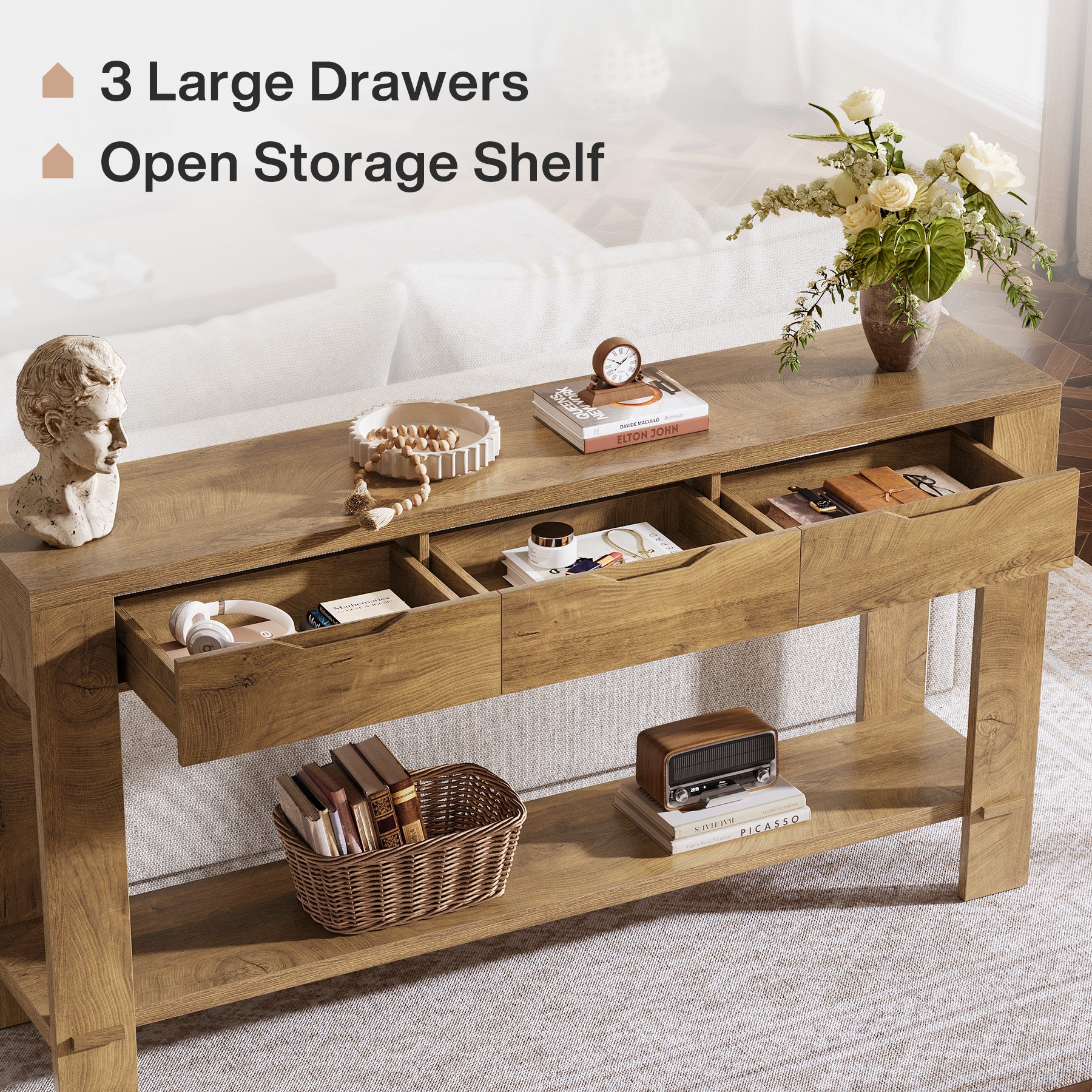 67“ Console Table, Narrow Farmhouse Entryway Table with 3 Storage Drawers