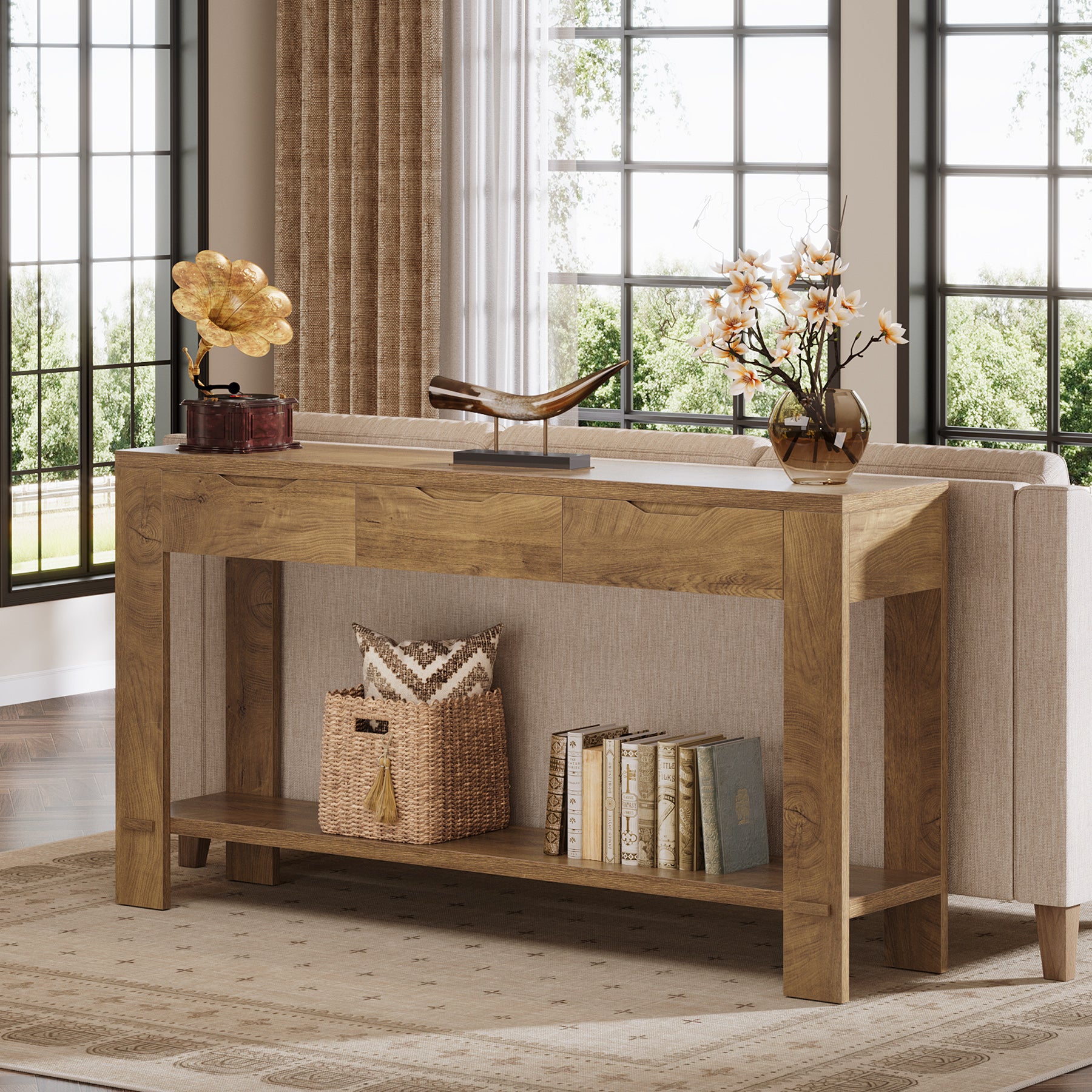 67“ Console Table, Narrow Farmhouse Entryway Table with 3 Storage Drawers