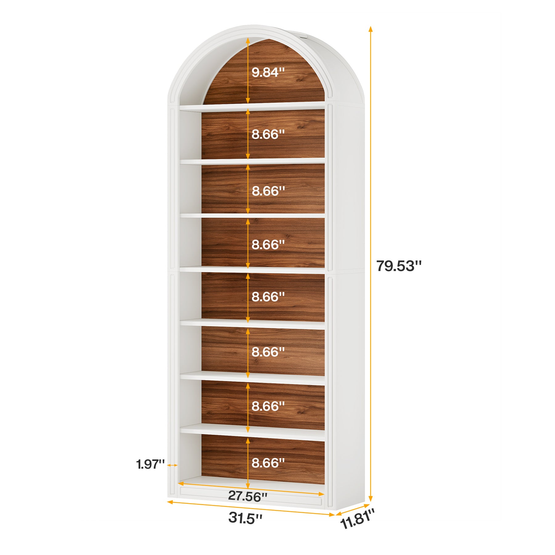 arched bookshelf size