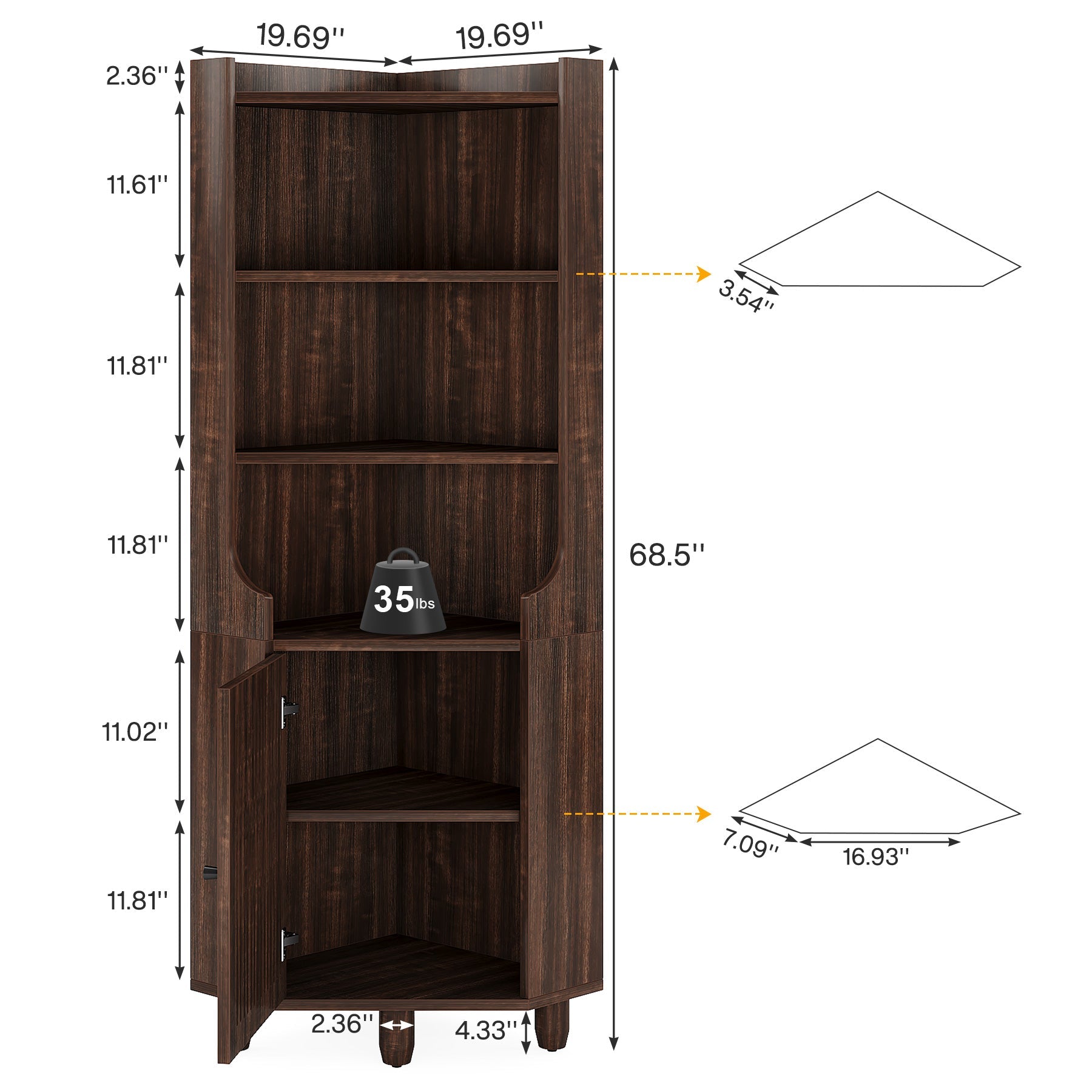 68" Corner Cabinet, Farmhouse Kitchen Storage Cabinet with Doors and Shelves