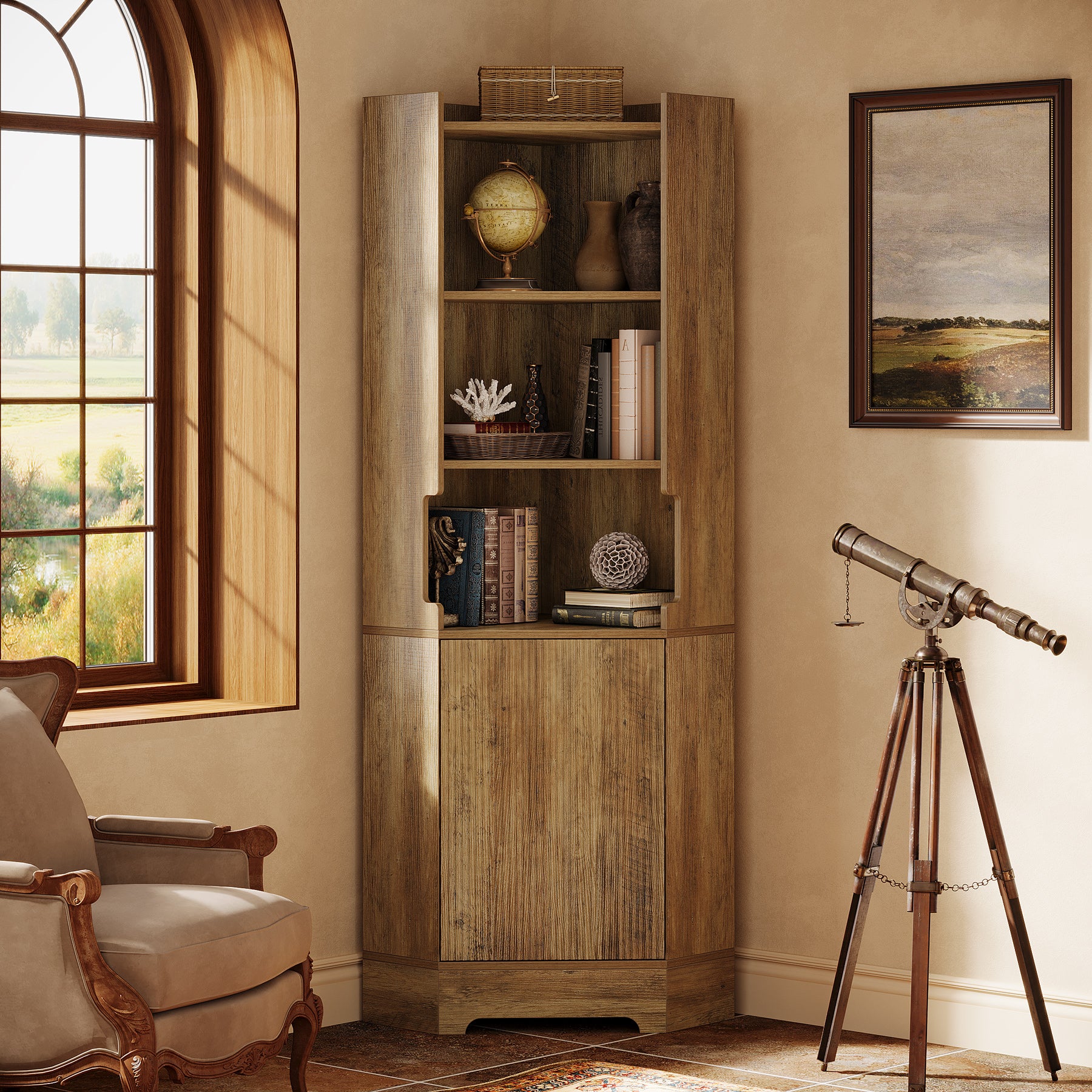 69" Storage Cabinet, Farmhouse Corner Bookcase Organizer with 4 Open Shelves