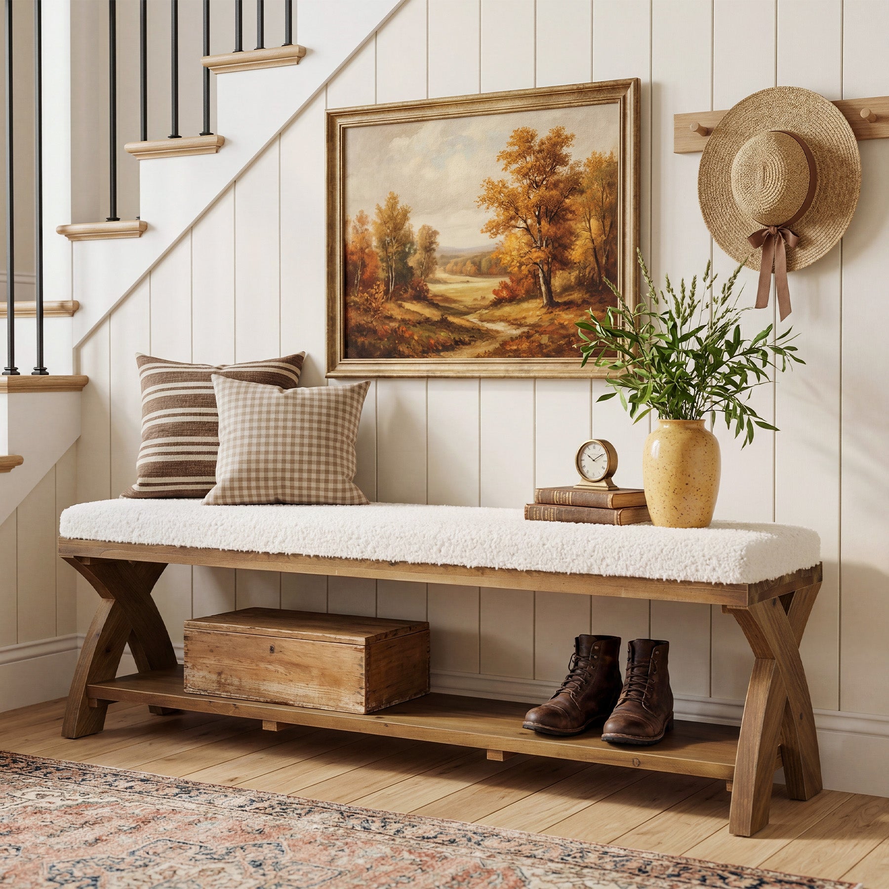 Solid Wood Upholstered Shoe Bench, Entryway Bench with Padded Seat and Storage Shelf