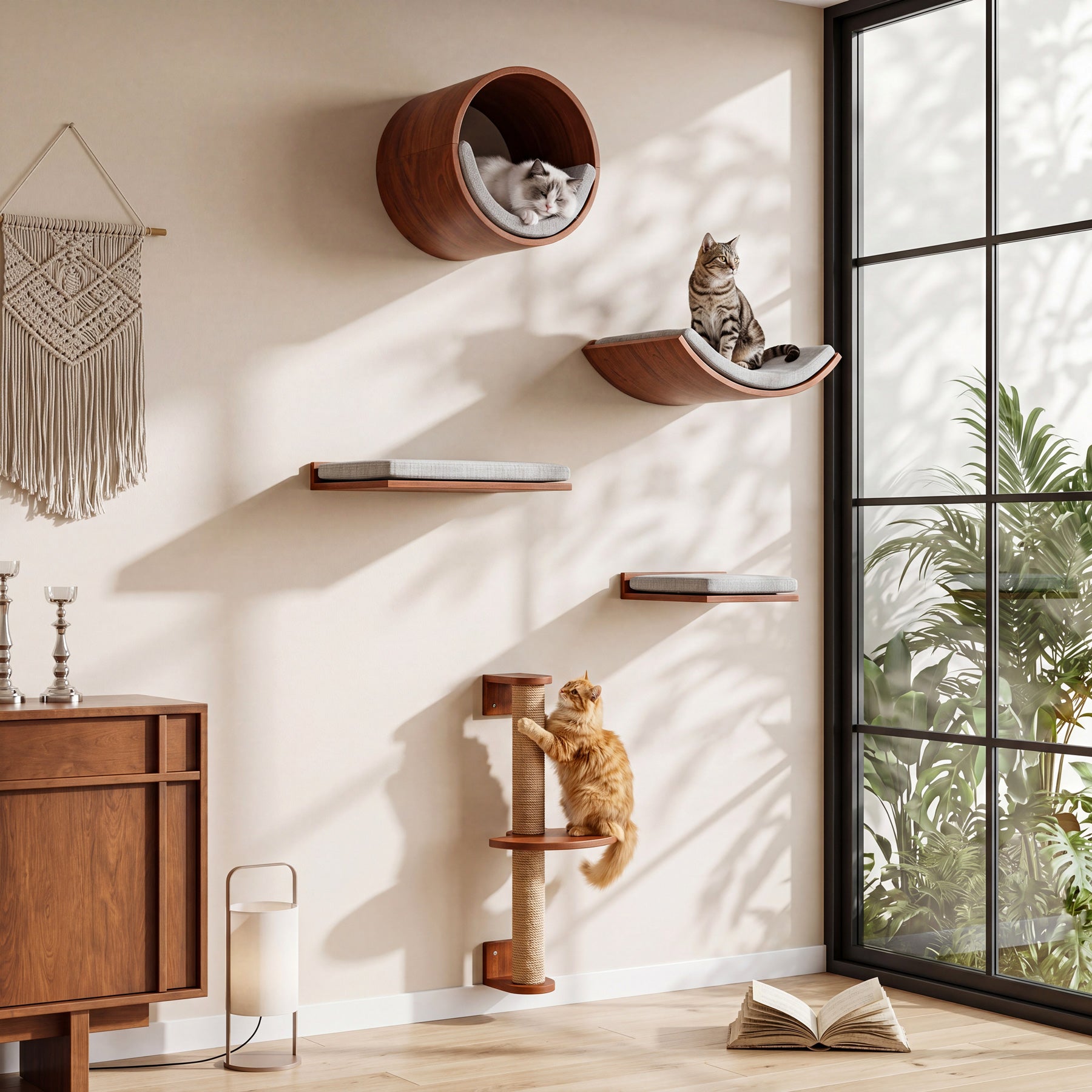 Solid Wood Cat Wall Shelves Set, 5-in-1 Cat Wall Furniture Cat Perches Set for Living Room