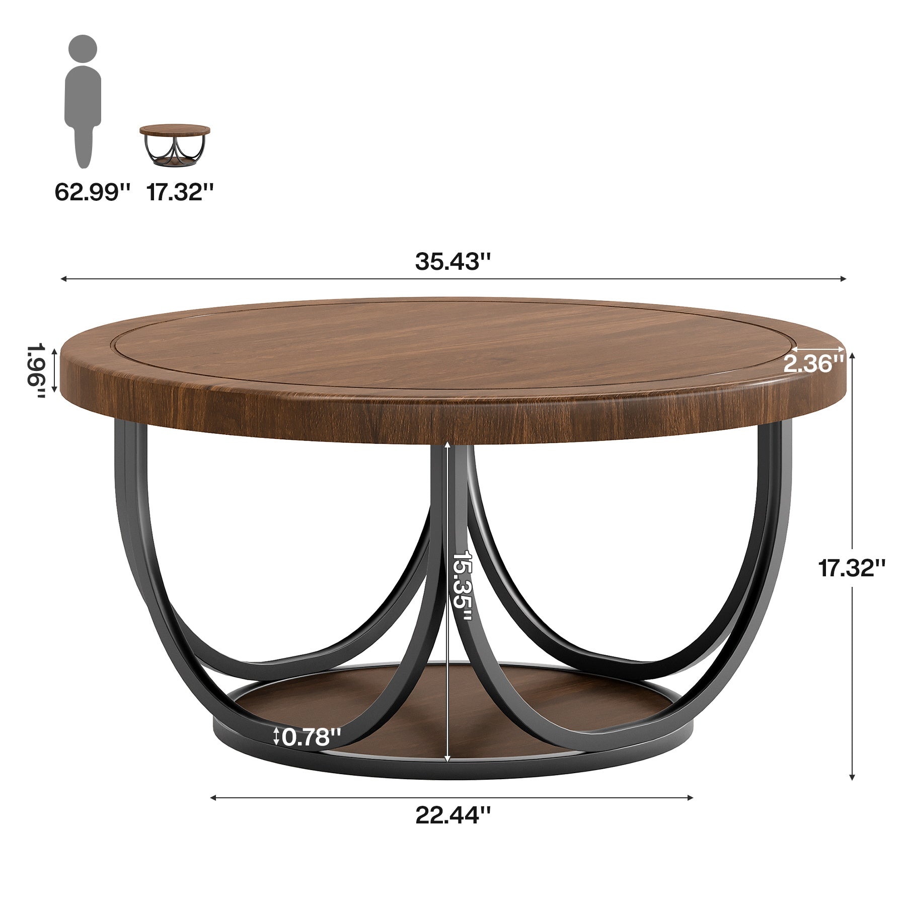 Round Coffee Table, 35.4" Circle Accent Cocktail Table with Storage Shelf