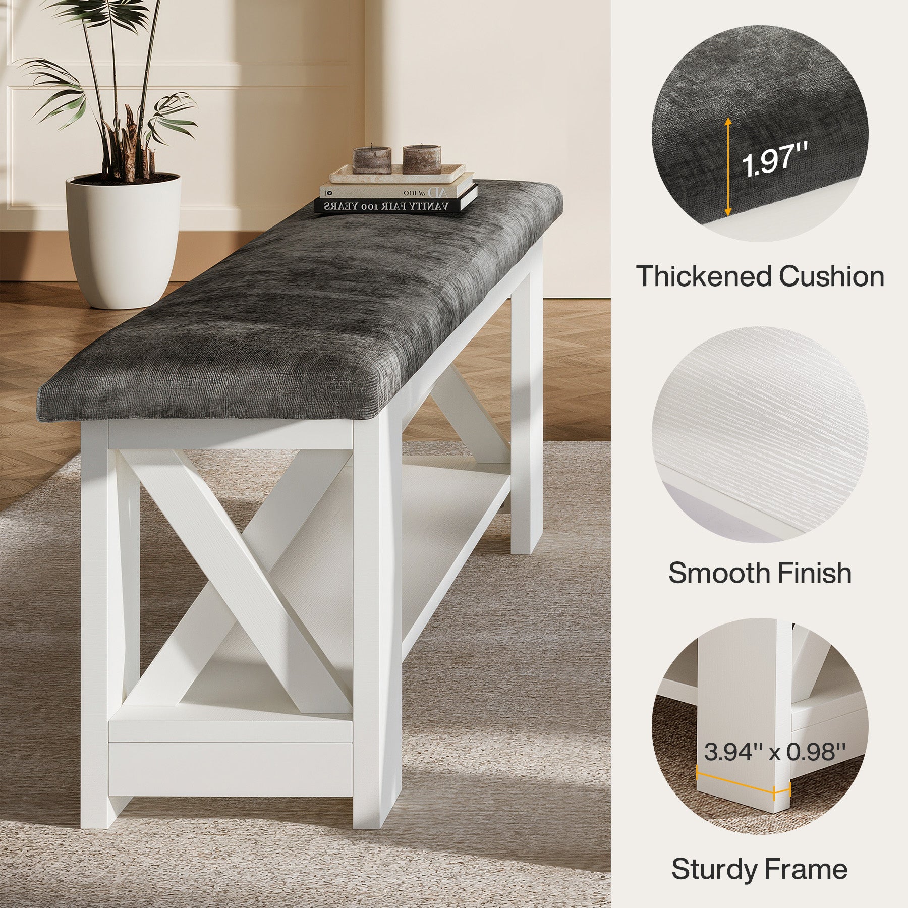 47" Entryway Bench with Padded Cushion, 2-Tier Shoe Rack Storage Bench