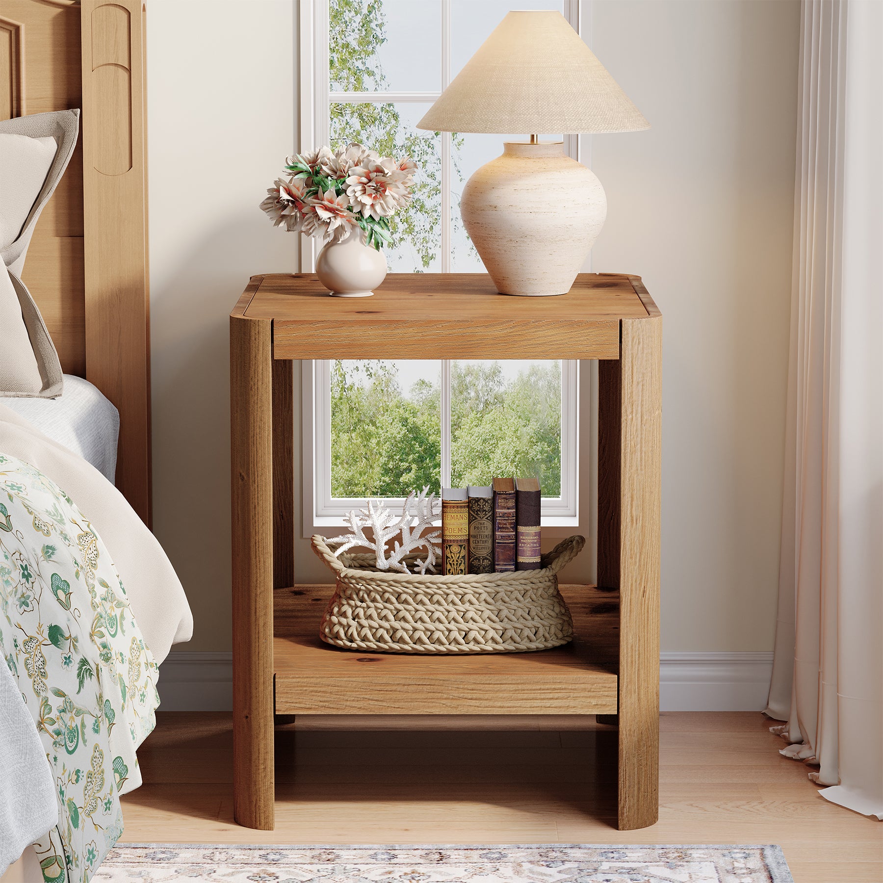 Solid Wood End Table, 2-Tier Side Table with Rounded Edges for Living Room
