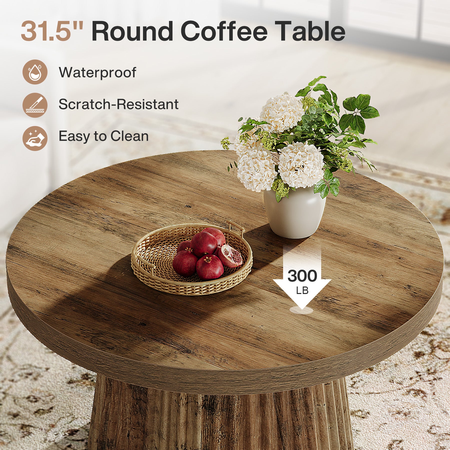 Round Coffee Table, 31.5" Circle Center Table with Fluted Drum Base