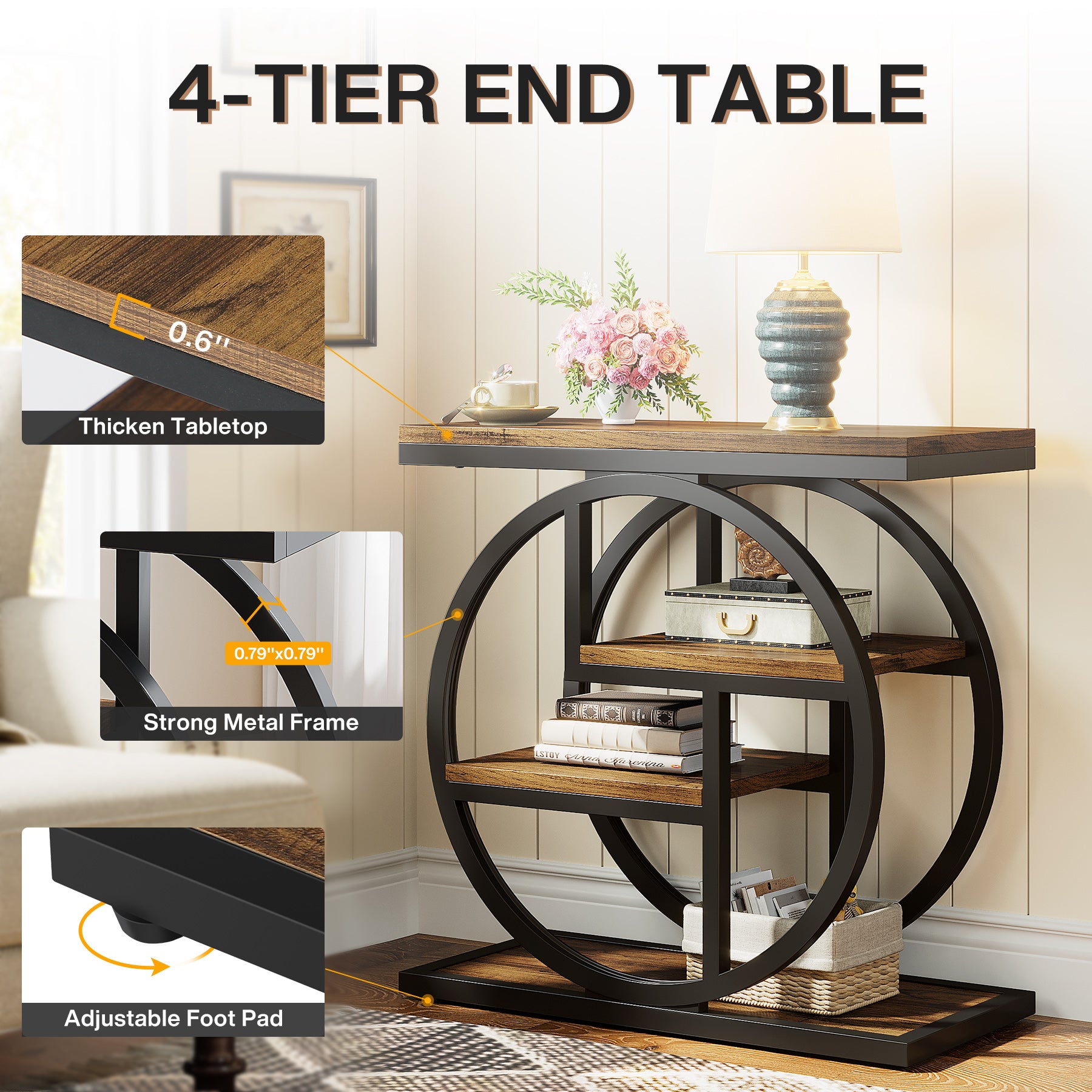 Wood End Table, 4 - Tier Side Table with Storage Shelves Tribesigns