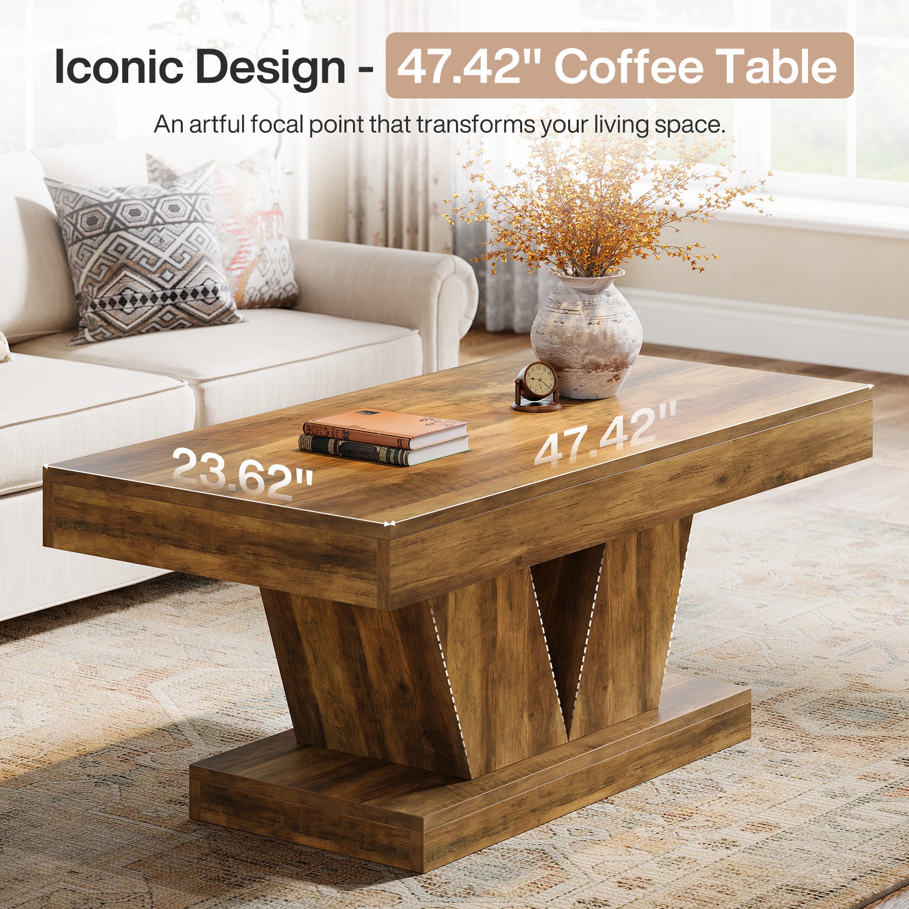 47.2" Farmhouse Rectangular Coffee Table, Mid-Century Wooden Center Table with Sculptural Base