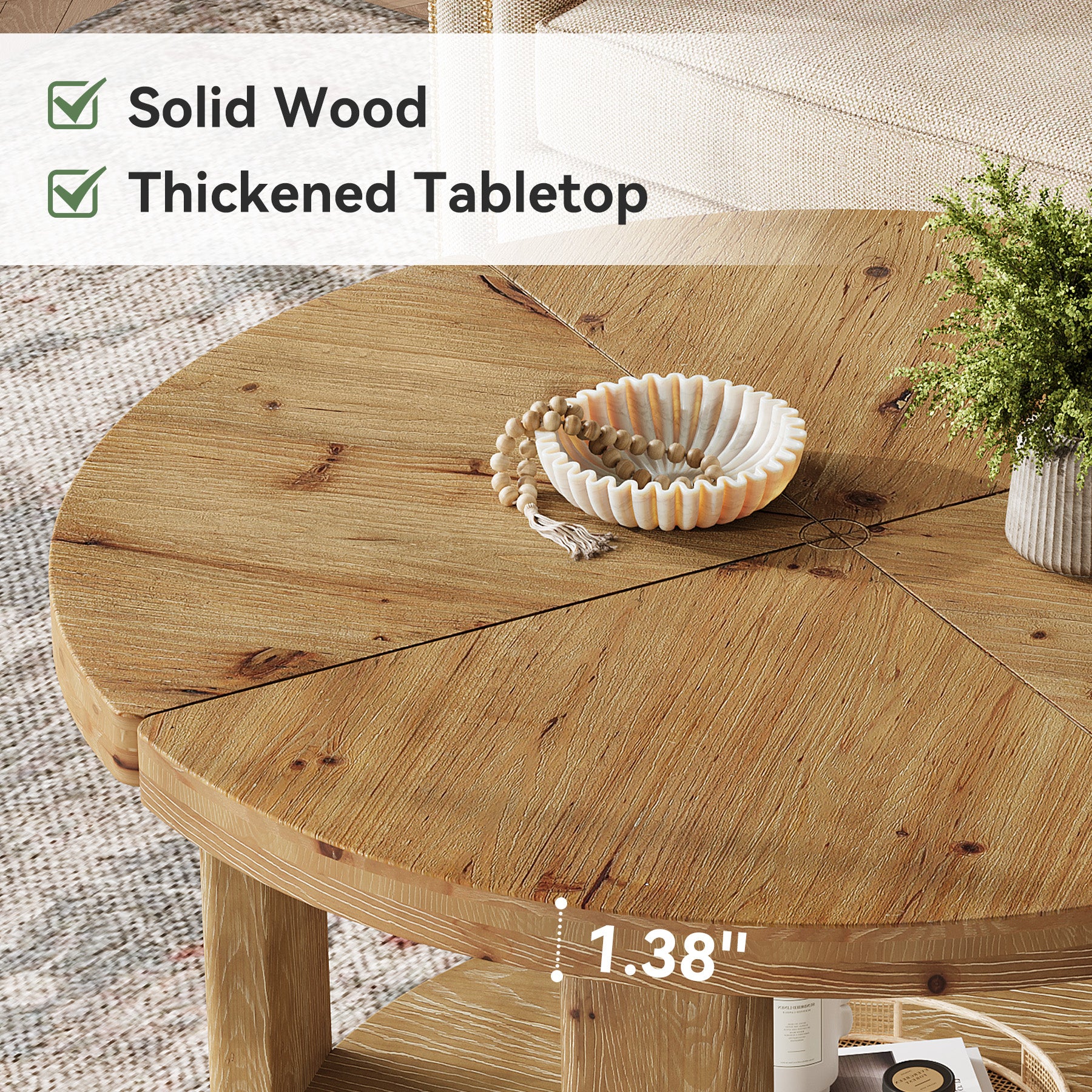 31.5" Solid Wood Coffee Table, Round Center Table with 2-Tier Storage