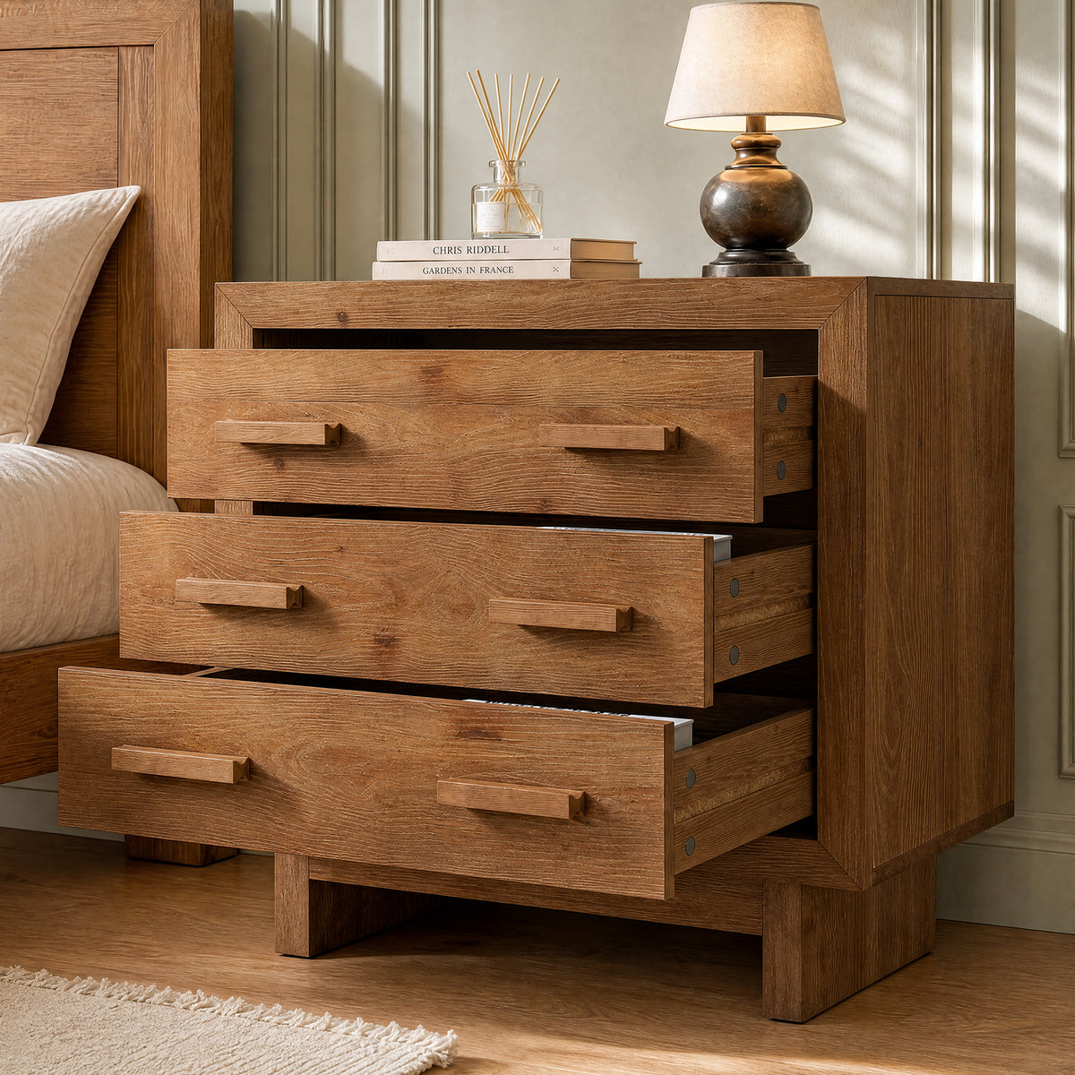 31.5” Solid Wood Nightstand, Oversized Bedside Table with 3 Large Drawers for Bedroom