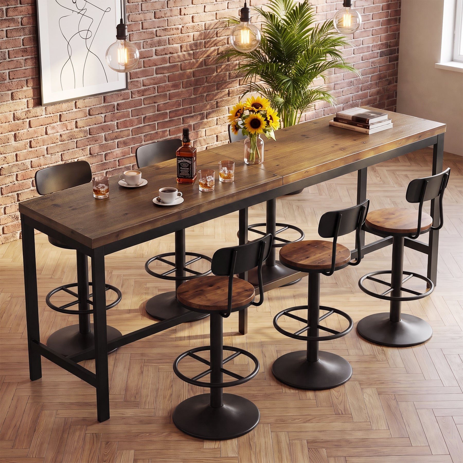 79" Solid Wood Bar Table, Rectangular High Top Table with Metal Footrest for Home Kitchen