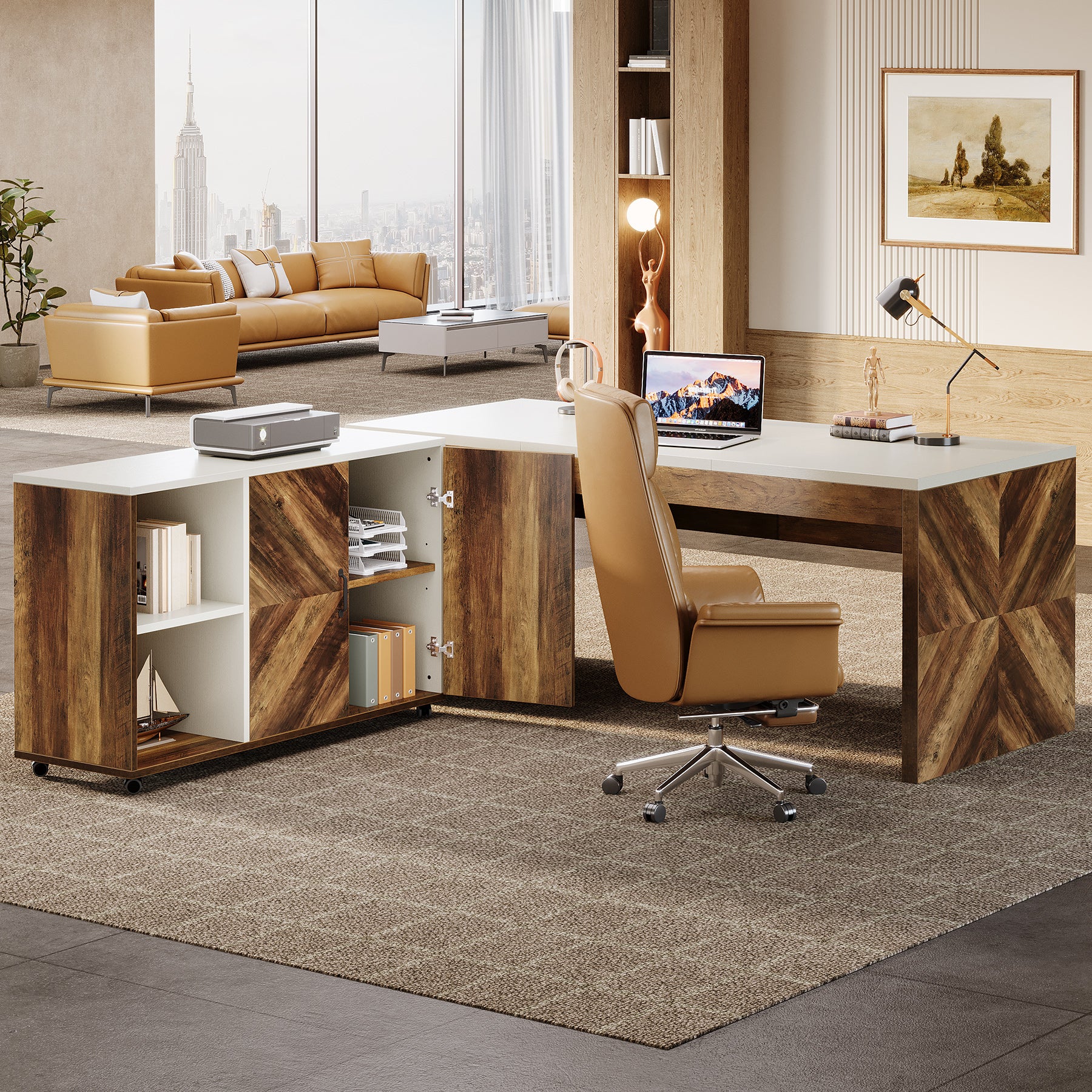 63" L-Shaped Desk, Modern Executive Office Desk with Mobile File Cabinet