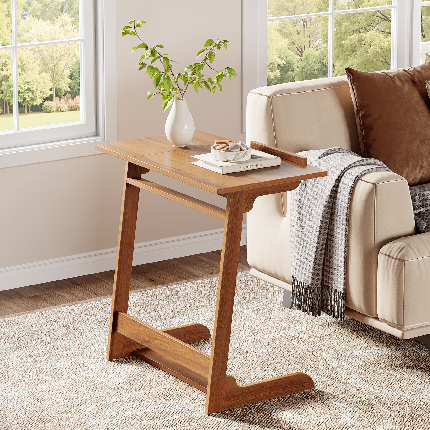 C-Shaped End Table, 25" Side Table With Tiltable Board For Living Room