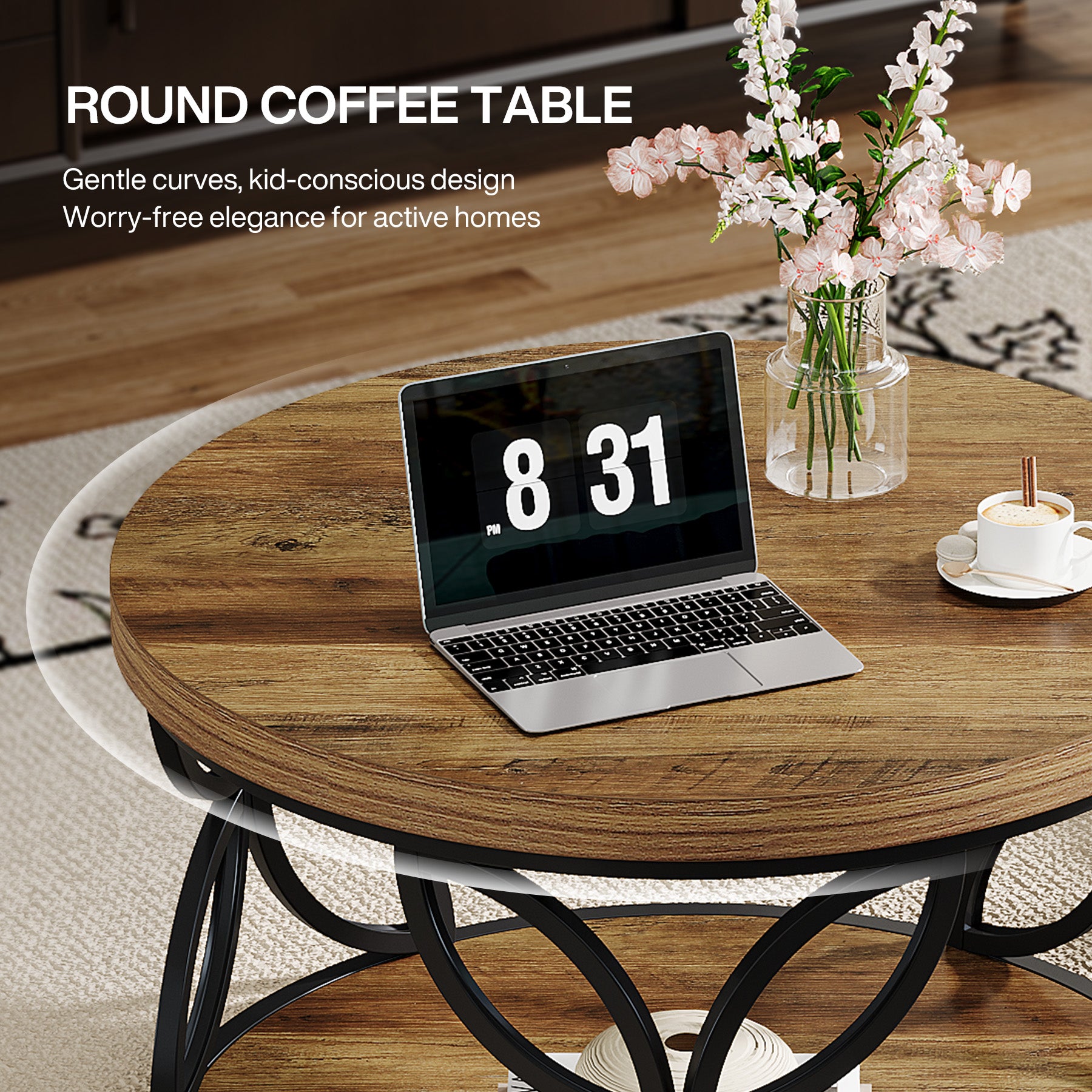 2-Tier Round Coffee Table, 31.5" Industrial Accent Tea Table with Metal Frame