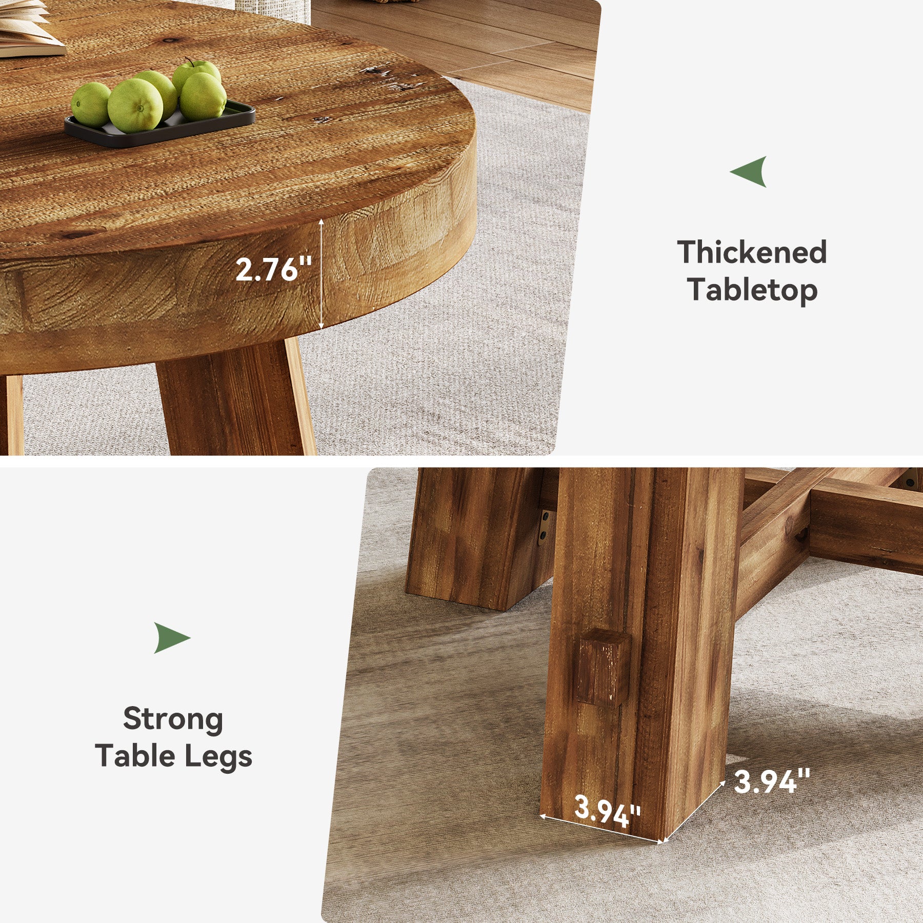 Solid Wood Round Coffee Table with Thick Top