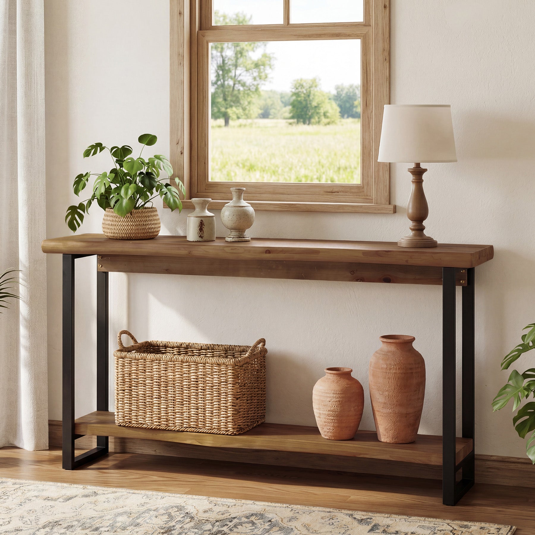 63" Solid Wood Live-Edge Console Table with Metal Legs – Narrow Farmhouse Sofa Table