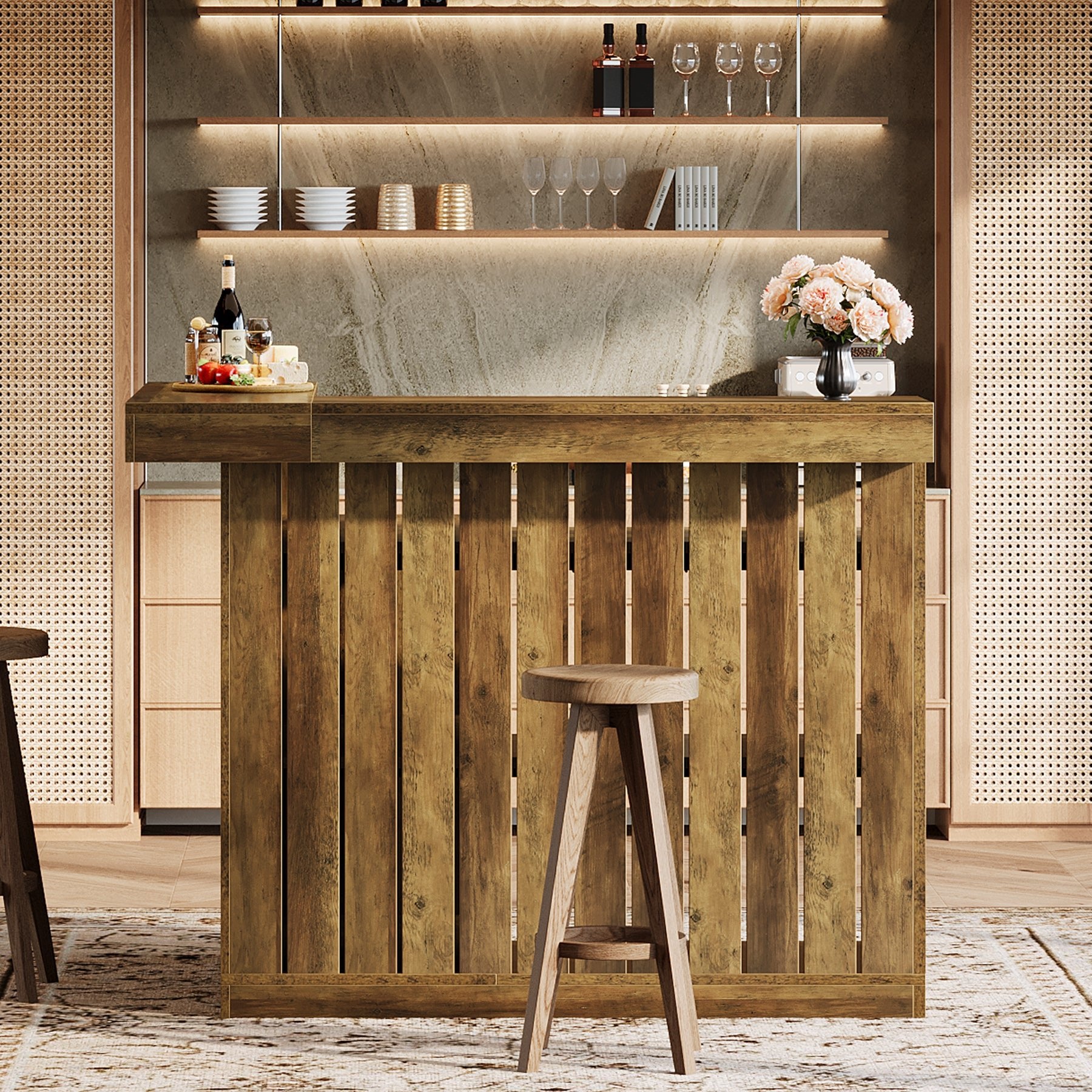 L-Shaped Bar Unit, 4-Tier Corner Liquor Bar Table with Storage Shelves